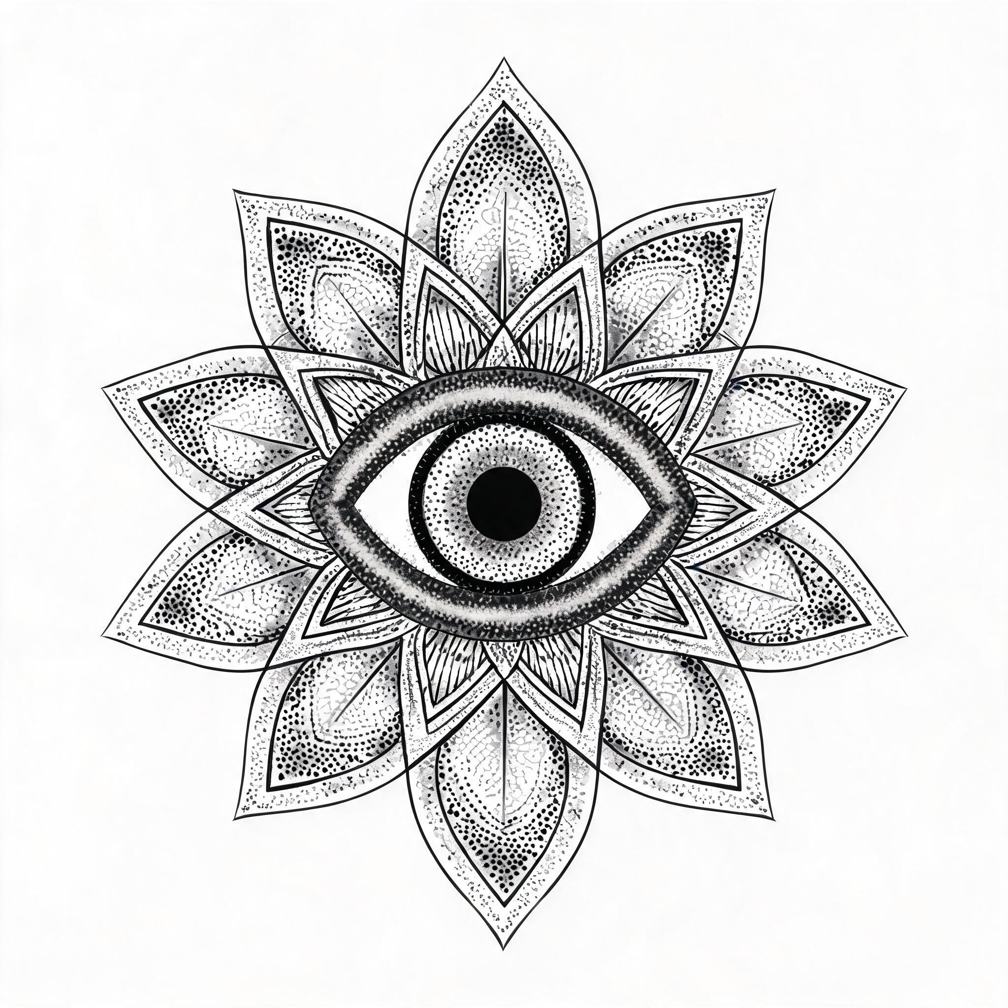 A black and grey peacock feather eye tattoo design in geometric dotwork style, centred on a plain white background as a tattoo image.