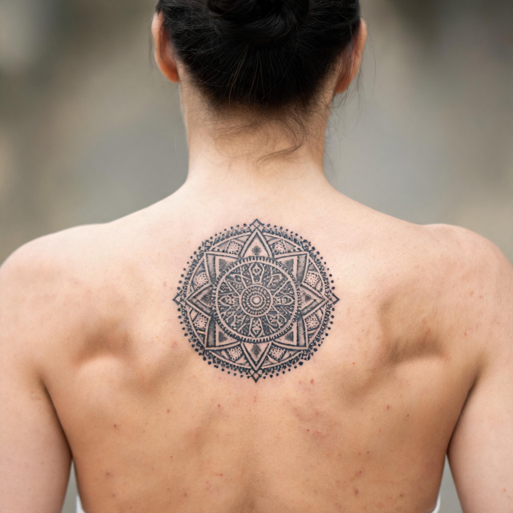 Black and grey Samoan pattern tattoo design on an upper back, shown in a realistic photo against a plain background.