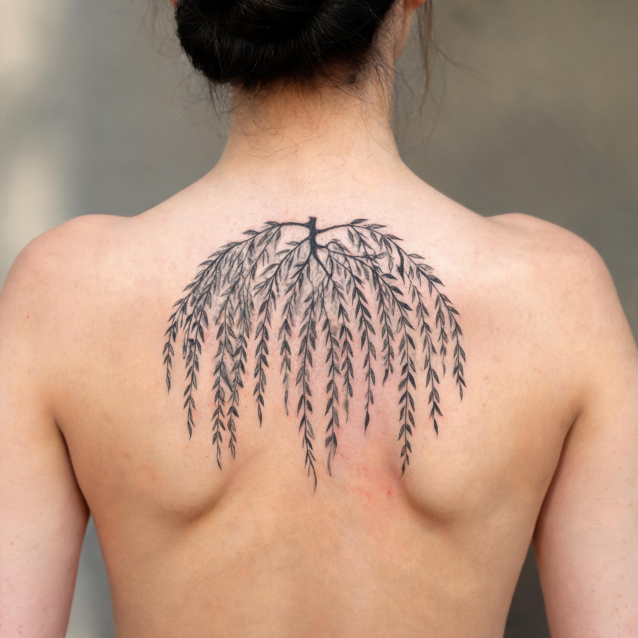 A black and grey weeping willow tattoo design on an upper back, shown as a photorealistic tattoo image on natural skin.