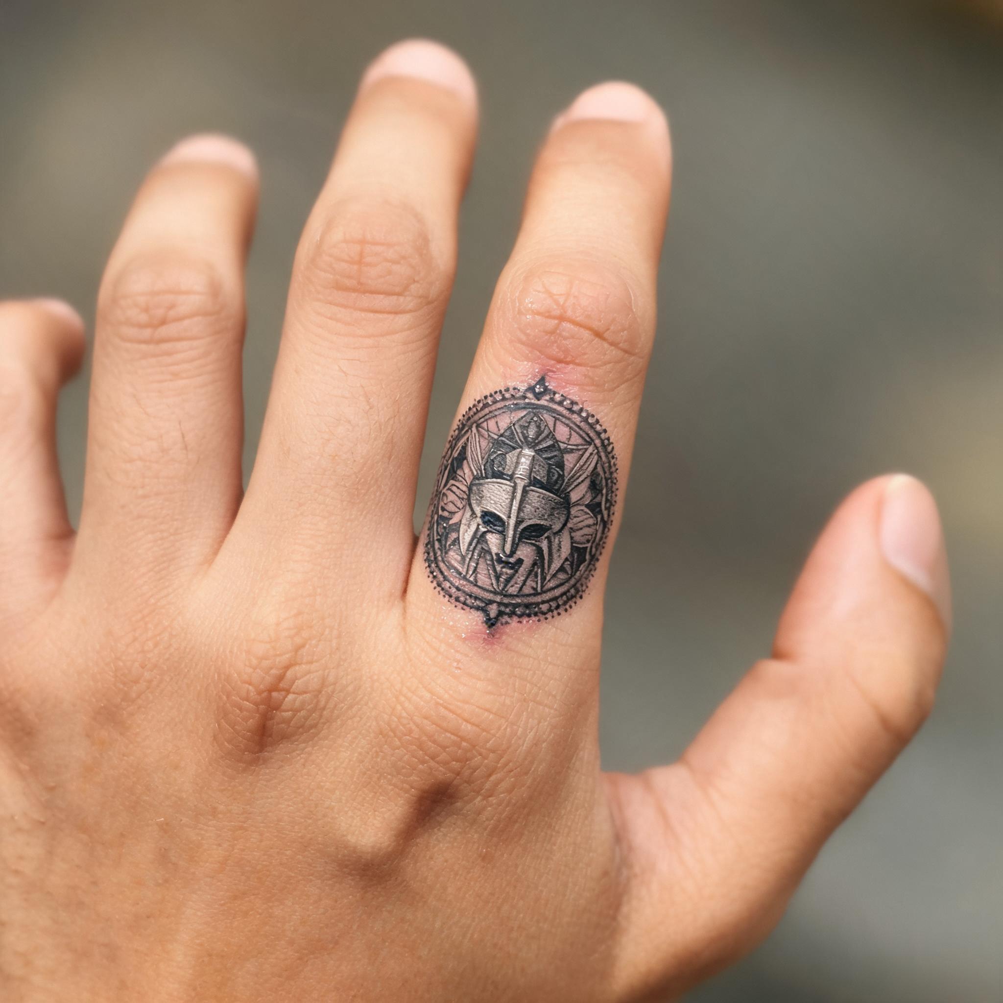 A black and grey geometric dotwork roman gladiator tattoo design on a finger, shown in a close-up photograph on white skin.