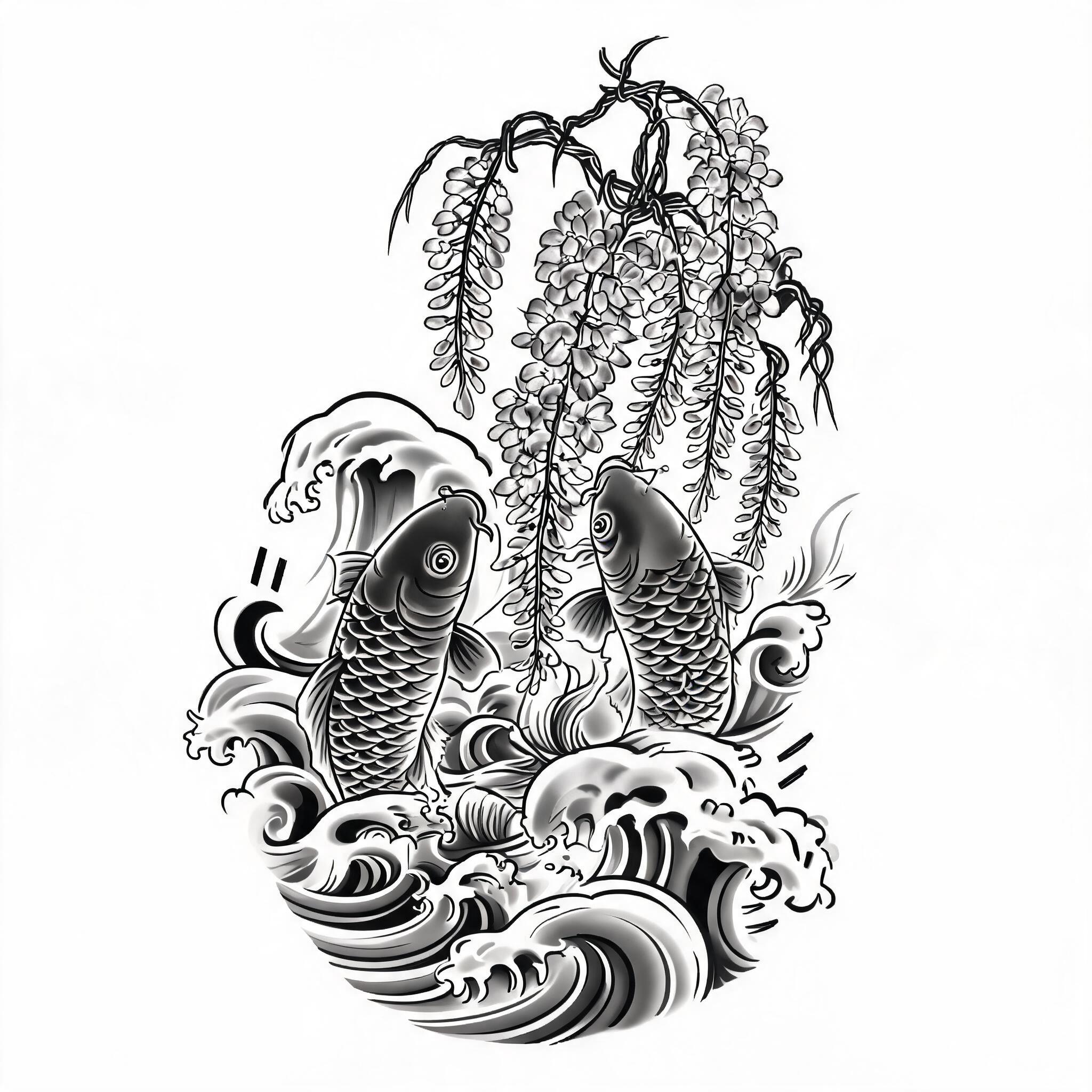 Black and grey Japanese Irezumi tattoo image of a wisteria vine with koi and waves, centred on a plain white background.
