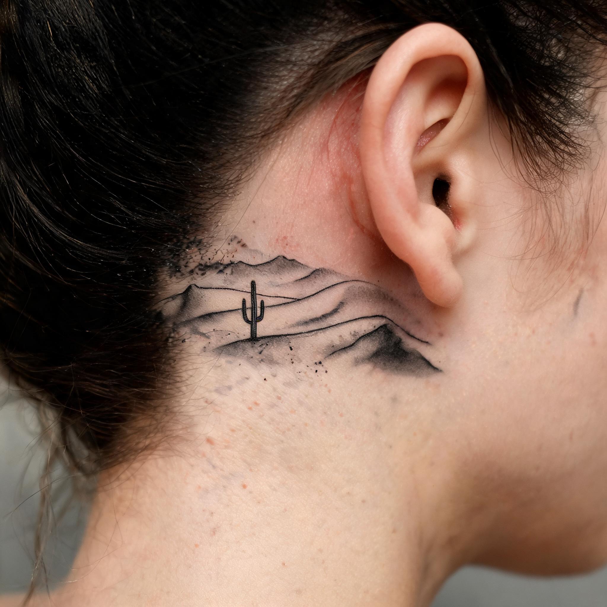 Watercolor-style desert landscape tattoo image on skin behind the ear, black and grey with soft washes on a white background.