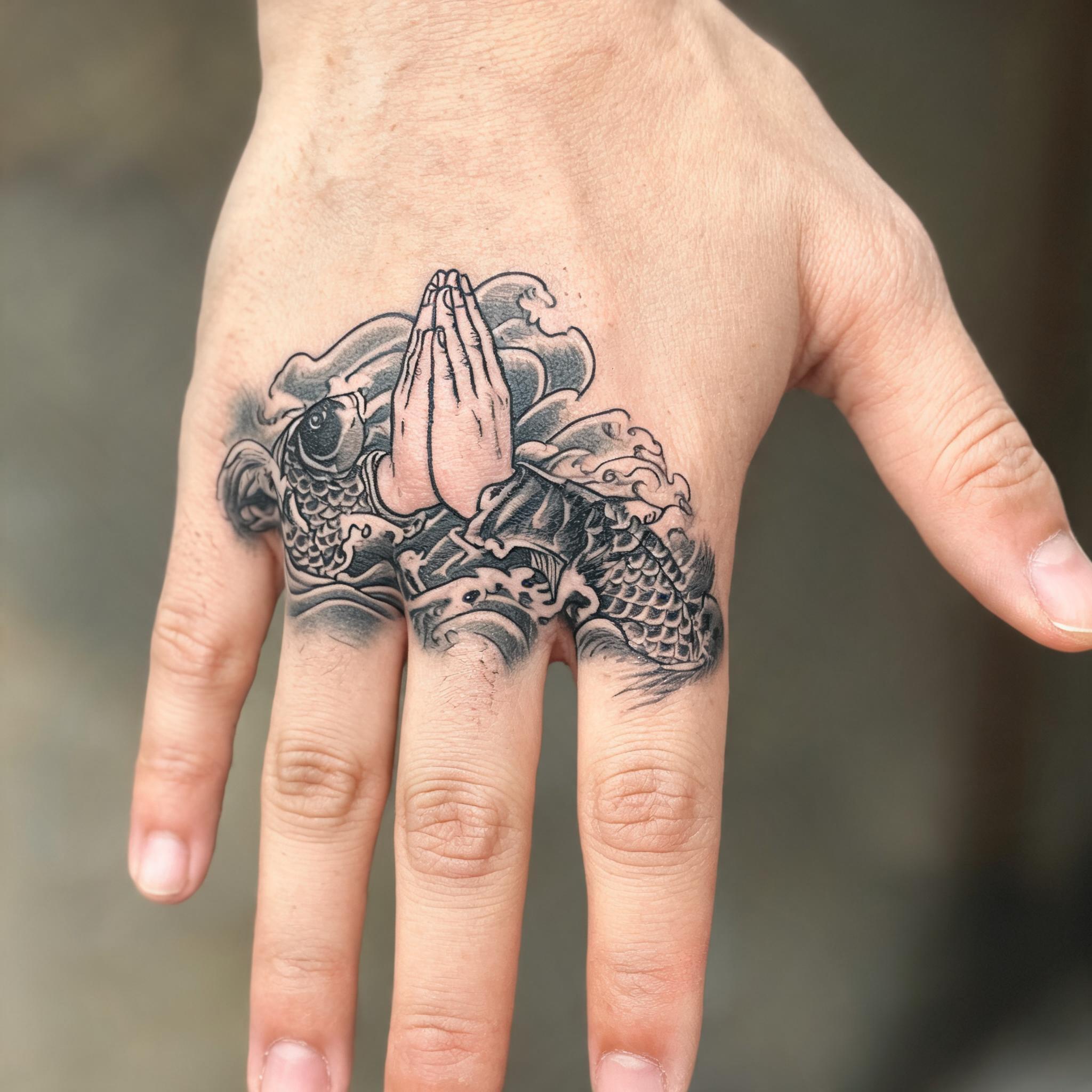 A close-up tattoo image of a praying hands design in Japanese irezumi style with koi and waves, shown on fingers against a plain background.