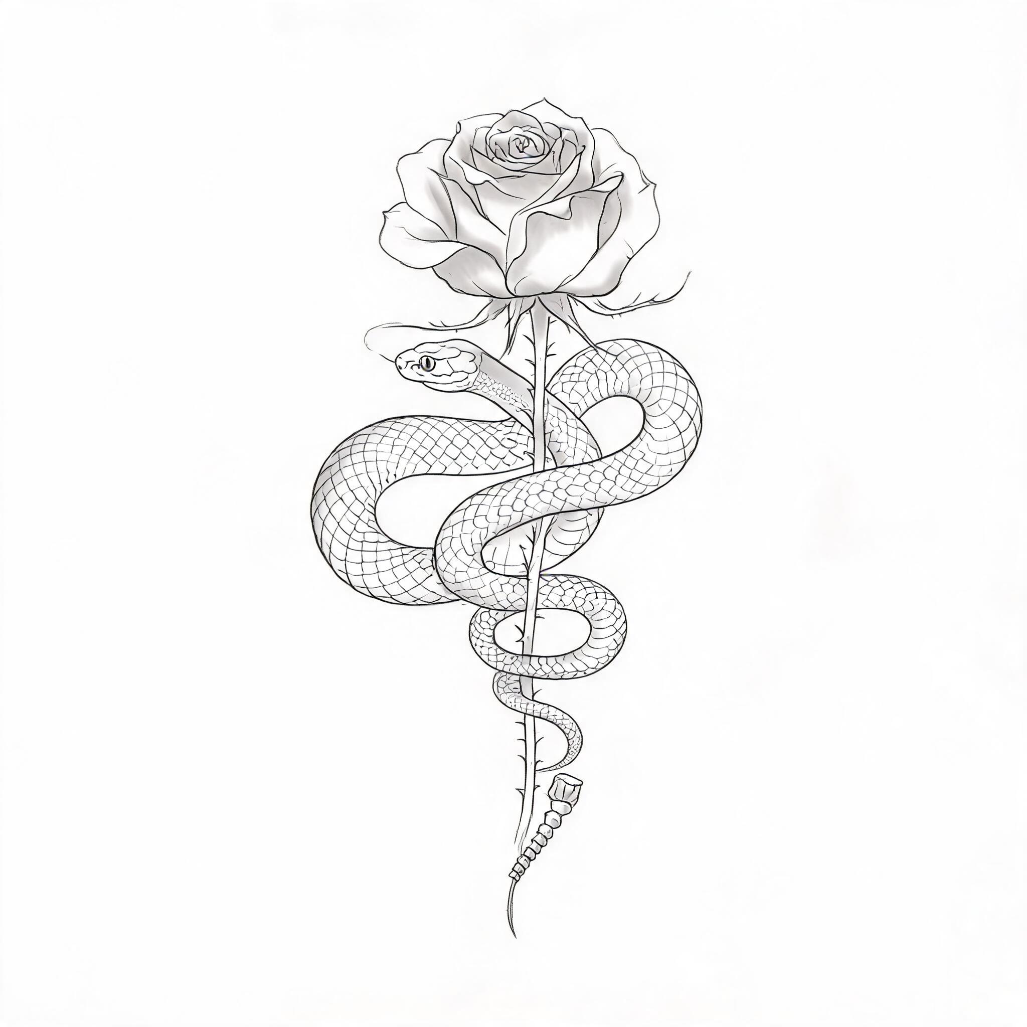 Fine line rattlesnake rose tattoo image with a coiled snake wrapped around a bloom, black and grey ink on a plain white background.