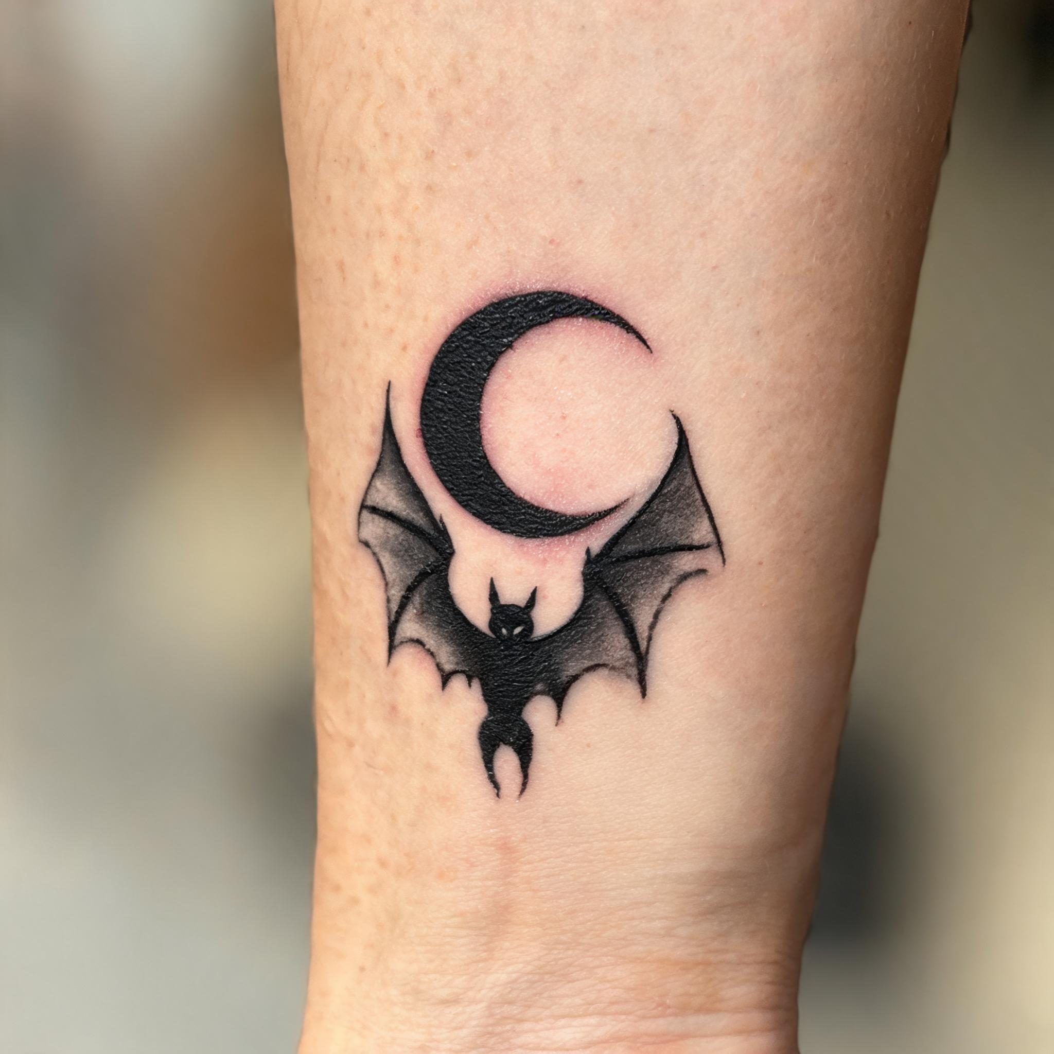 Blackwork bat and moon tattoo design on an inner forearm, shown in a close-up tattoo photograph with solid black fills and greywash shading.
