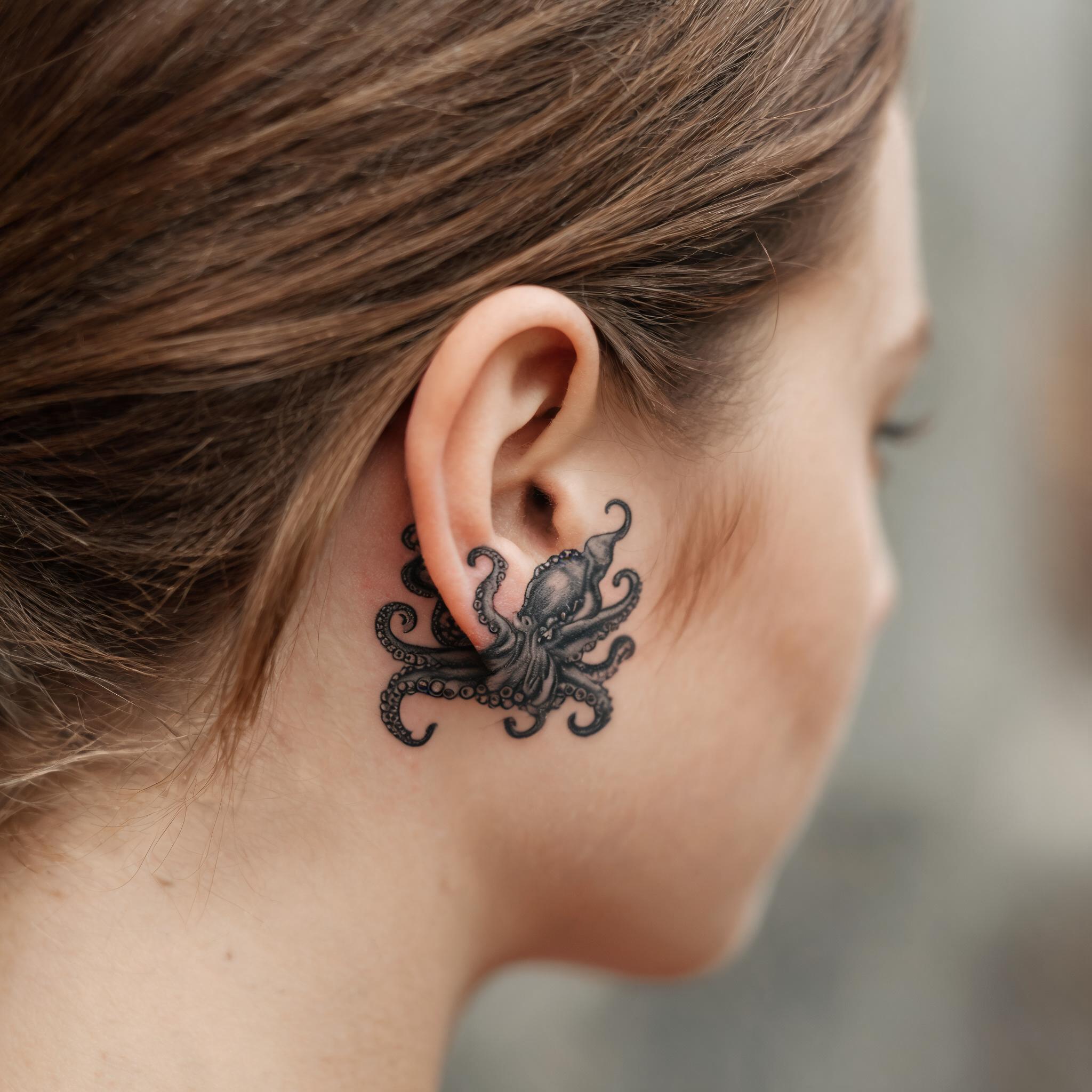 Black and grey kraken tattoo image design inked behind the ear, shown on skin in a close-up tattoo photograph.