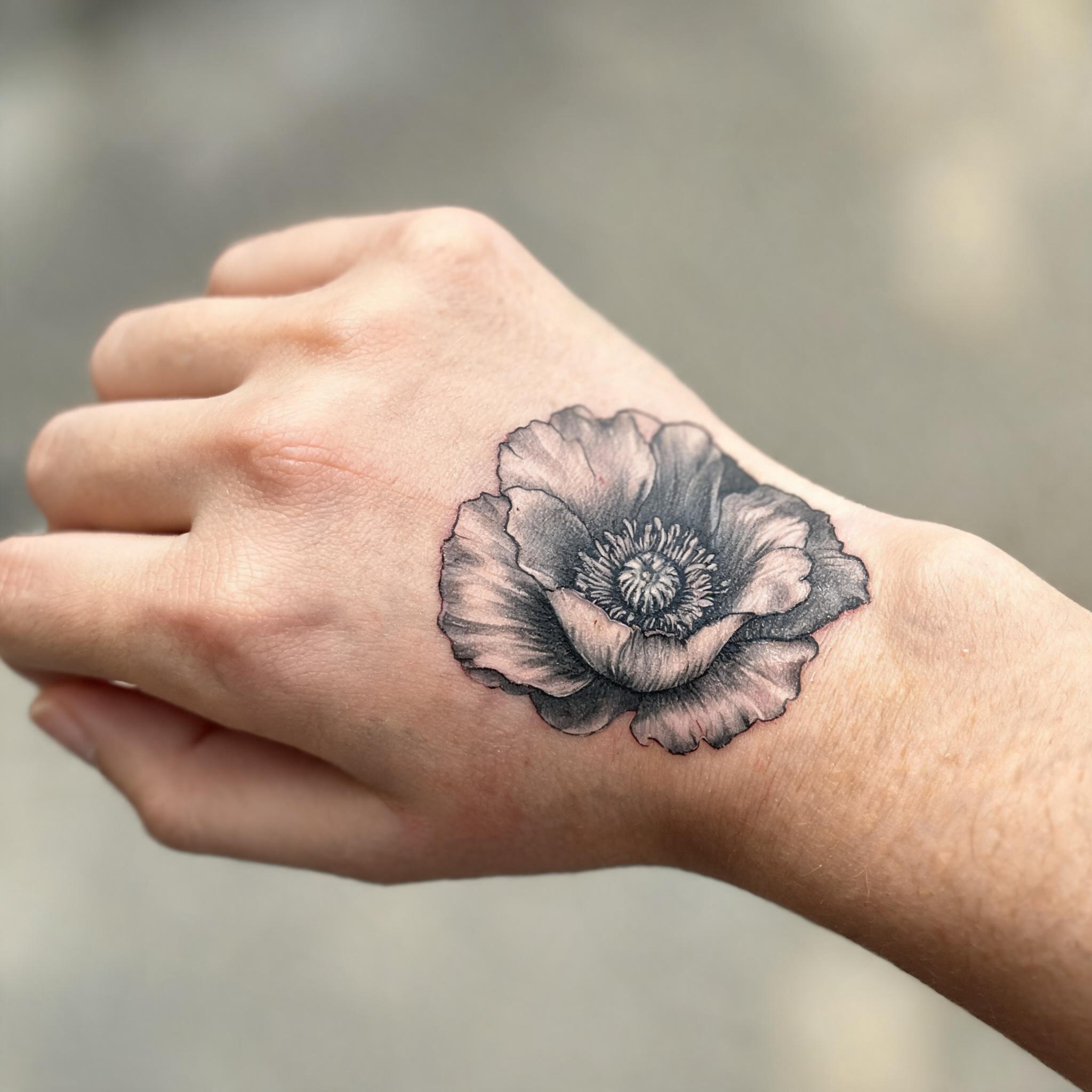 red poppy tattoo design. Black & Grey Realism style, placed on the wrist. Made with Tattloom.
