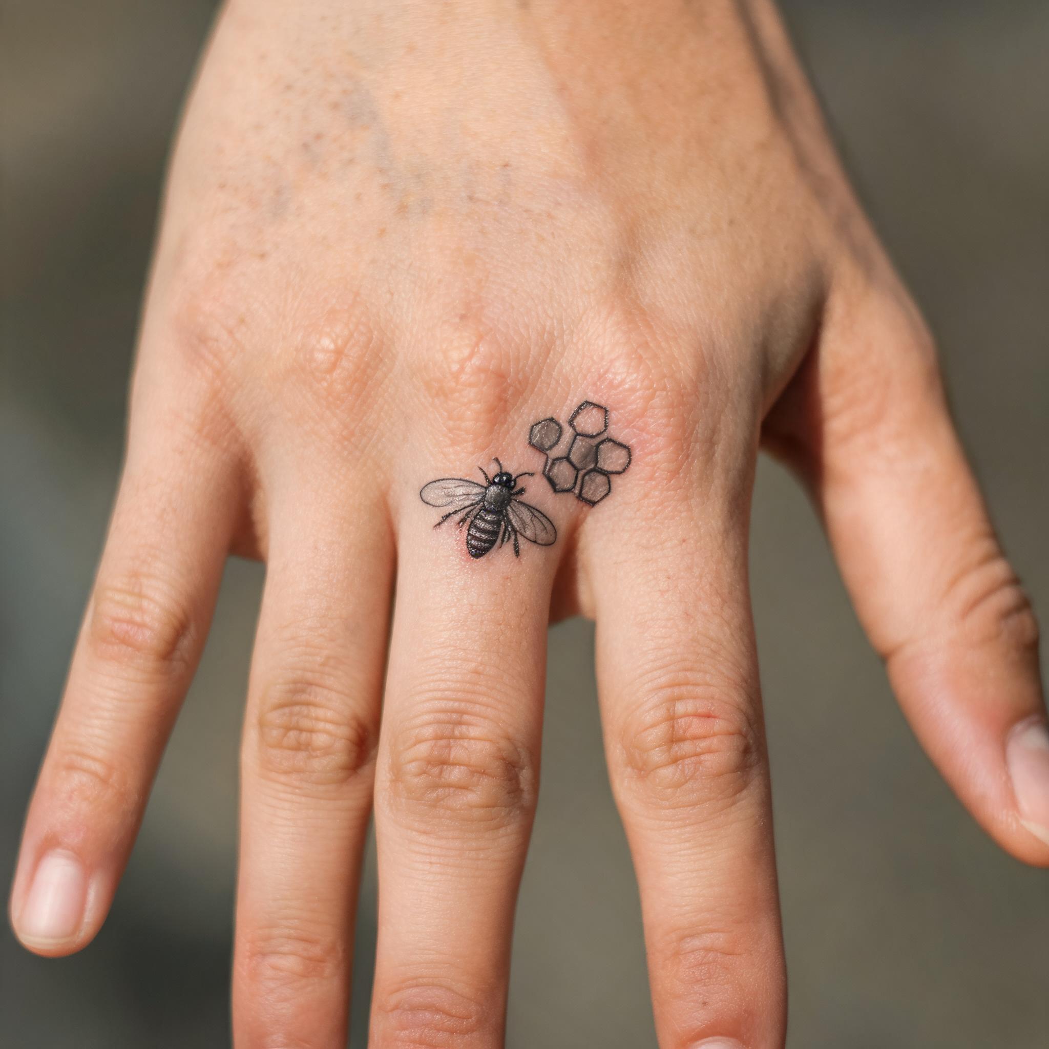 Bee and honeycomb tattoo image design in illustrative black and grey ink, shown on fingers against a neutral background as a tattoo image.