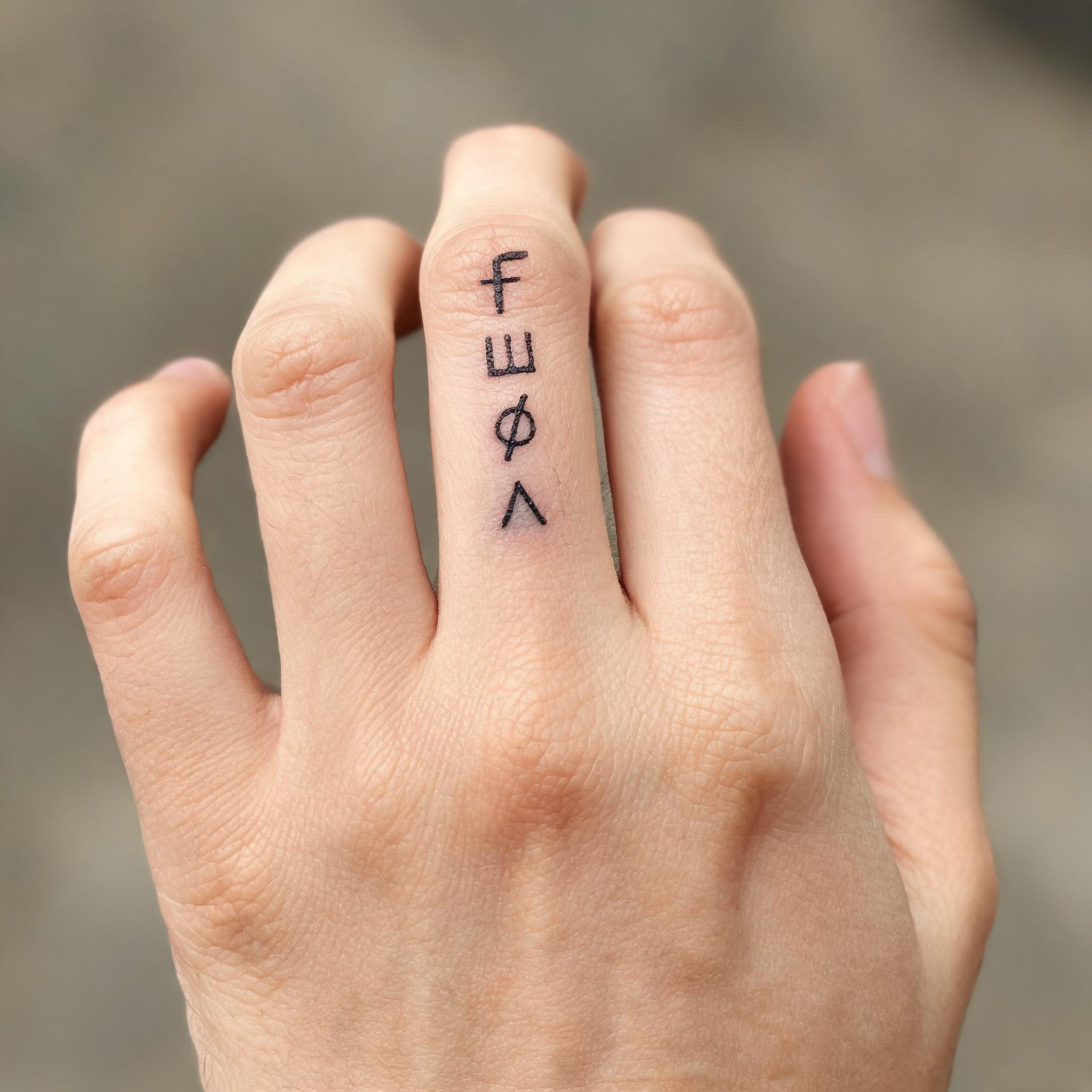 A norse rune tattoo design inked in black and grey calligraphy script across a hand's extended fingers against a neutral background.