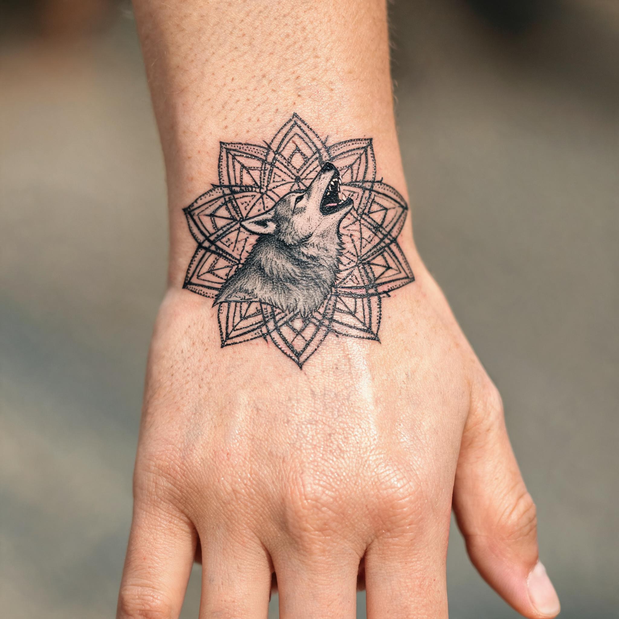 Geometric dotwork howling wolf mountain tattoo on a wrist, black and grey ink on white background, shown as a tattoo image.