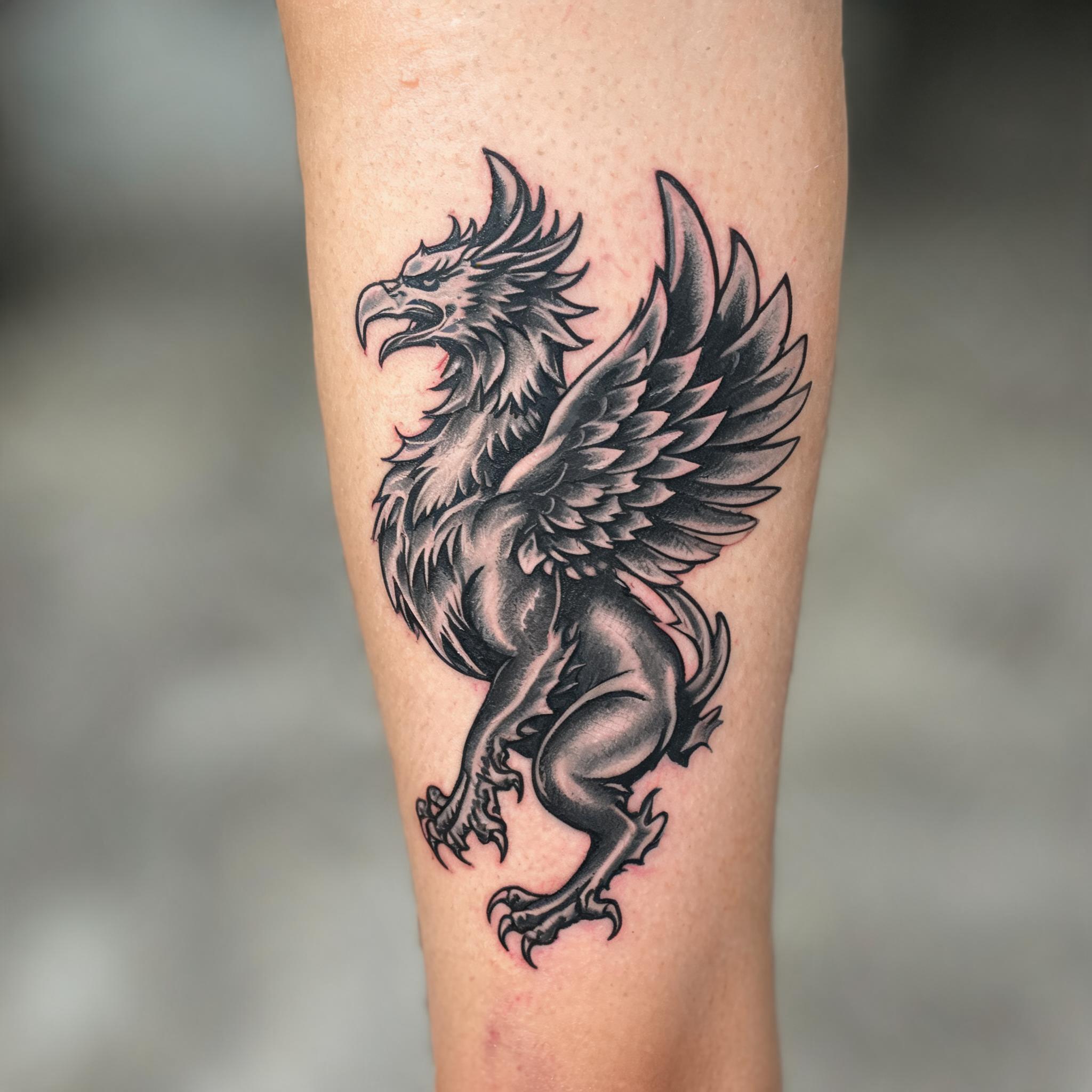 Black and grey neo-traditional griffin tattoo design photographed on the front of a thigh against a neutral background, shown as a tattoo image.