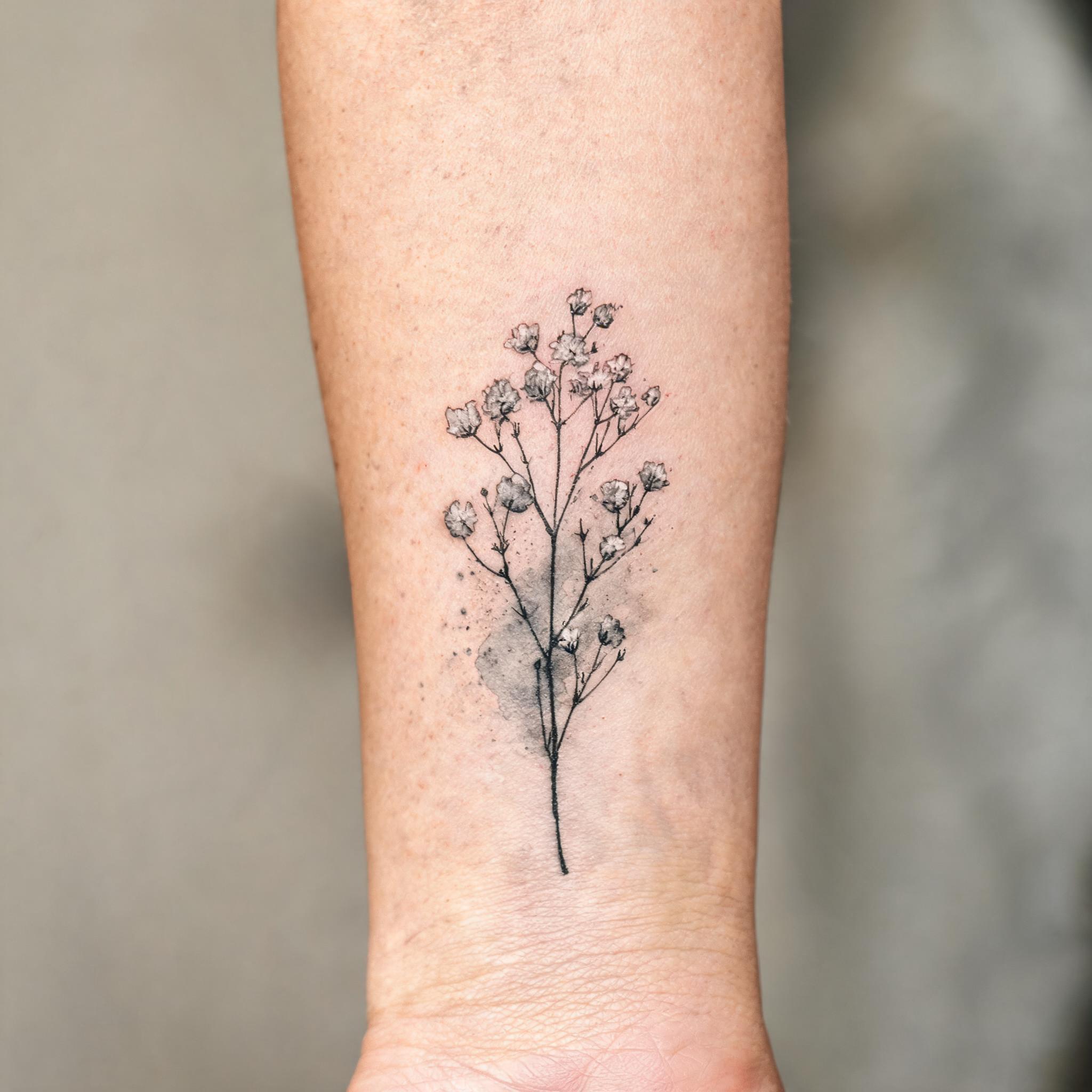 A watercolor baby's breath tattoo image on an outer forearm, shown in black and grey with soft greywash shading on a neutral background.