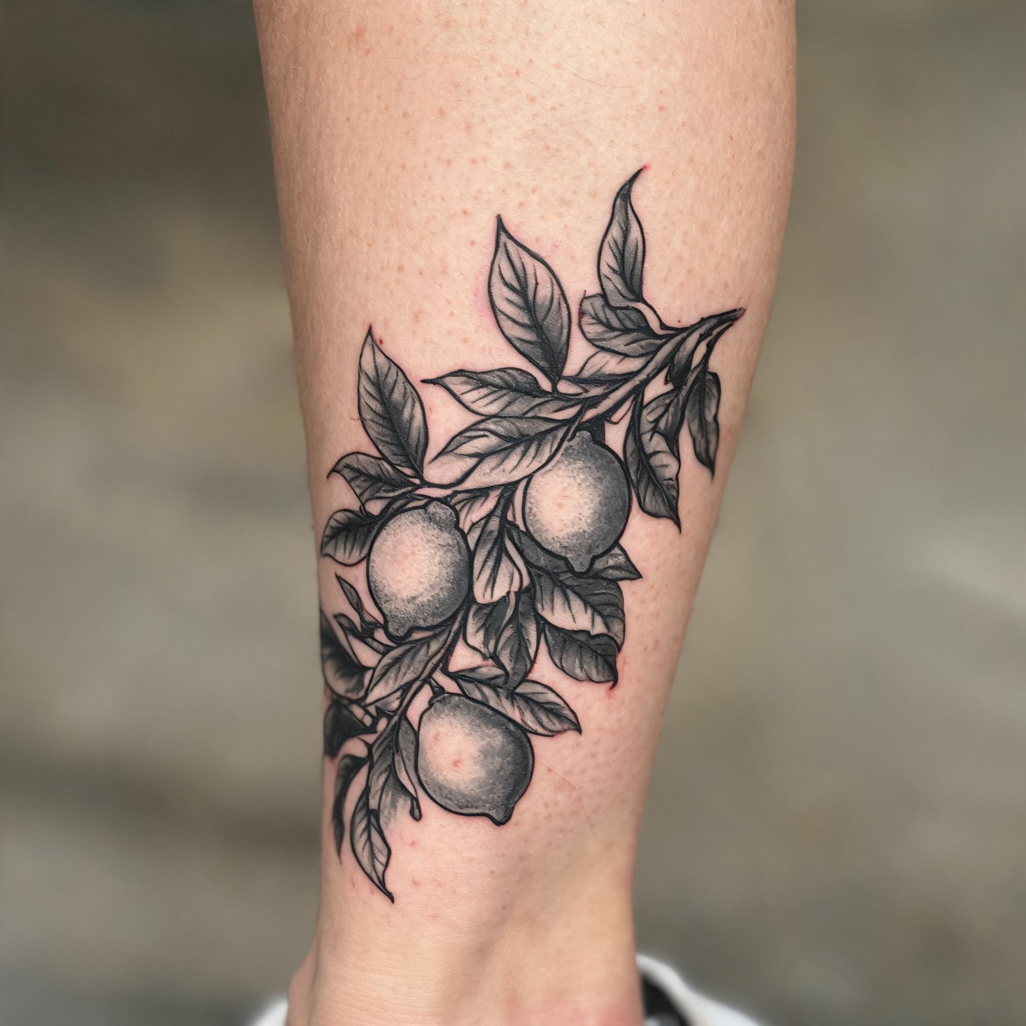 Tattoo image of a neo-traditional lemon branch with fruit and leaves, shown in black and grey ink on a calf against a plain background.