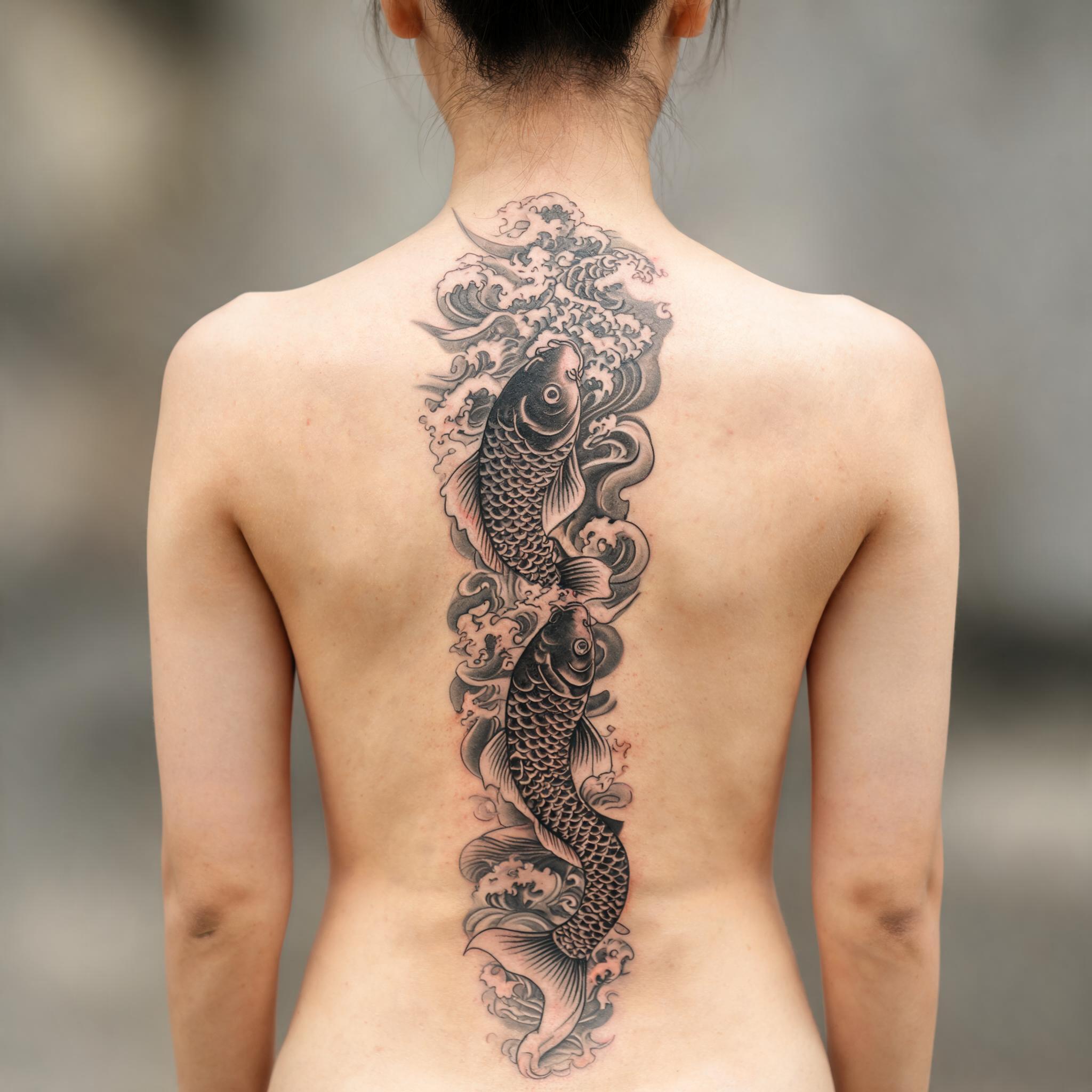 Dia de los muertos tattoo design in Japanese irezumi style on a spine-centred back, black and grey ink on realistic skin.