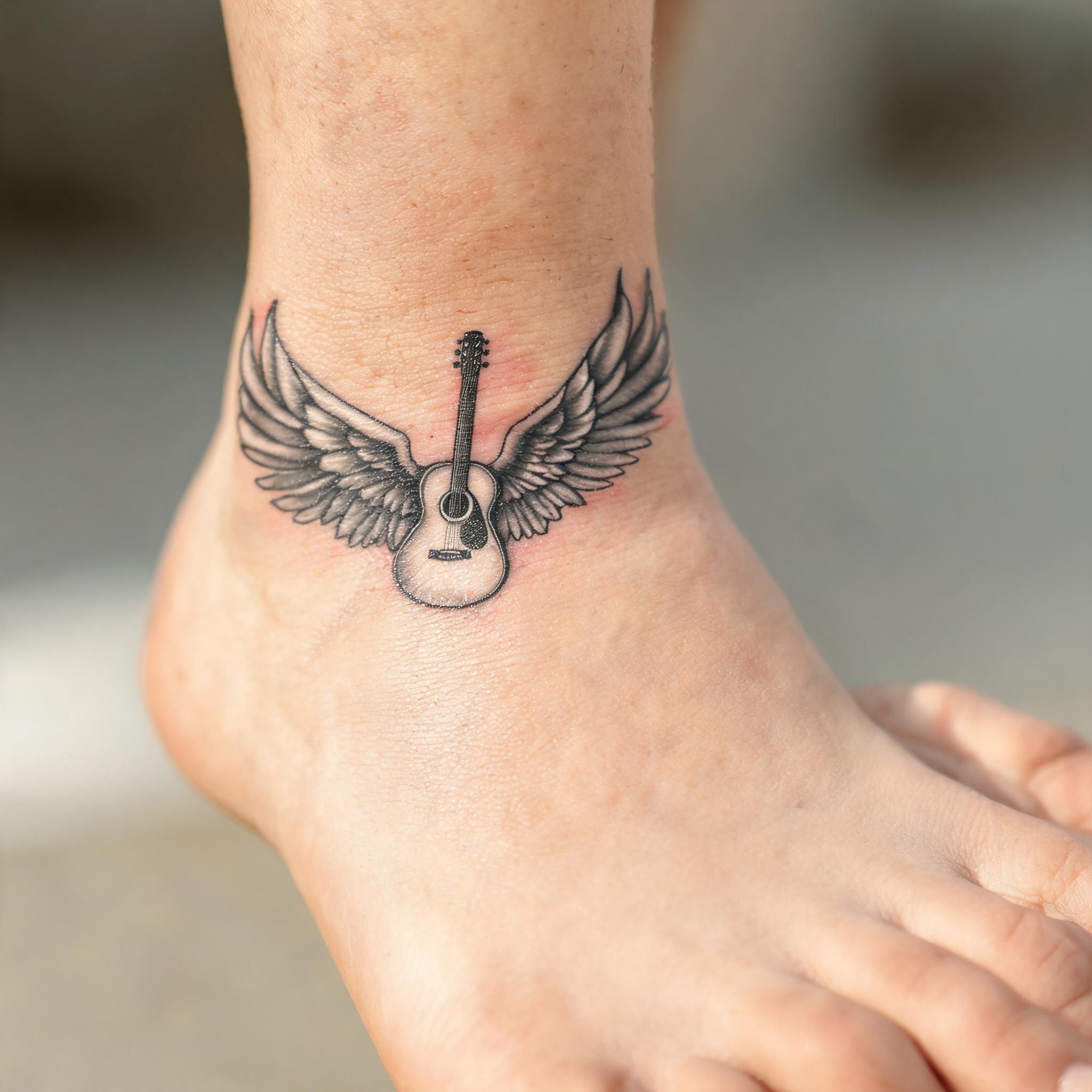 Black and grey guitar and wings tattoo design on an ankle, shown in a close-up realistic tattoo photo on a neutral background.