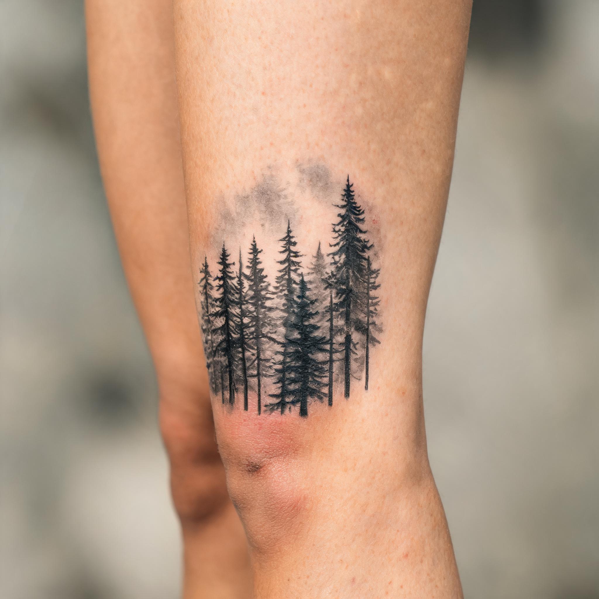 Black and grey pine forest tattoo design on a front thigh, shown as a tattoo image on skin against a neutral background.