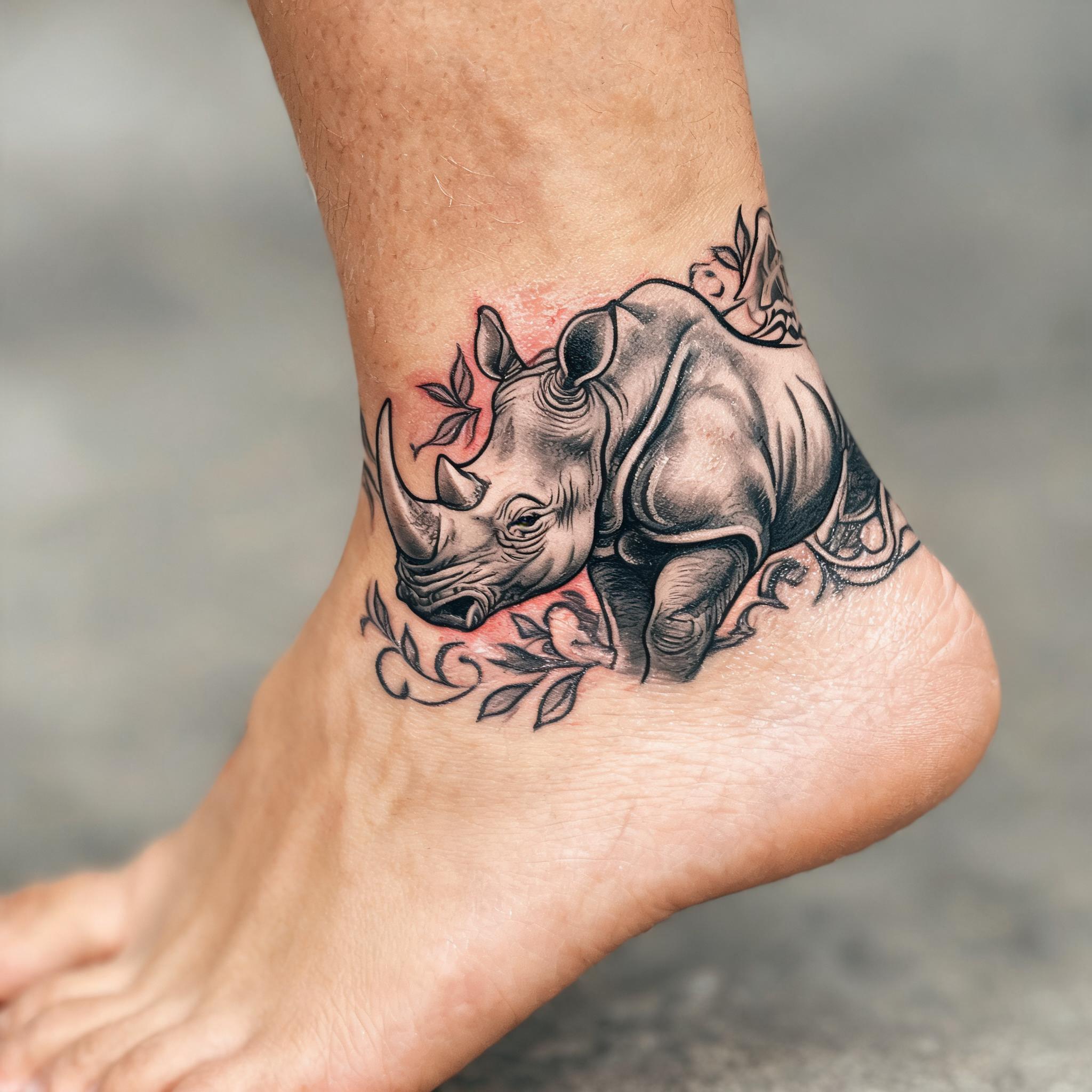 A neo-traditional rhinoceros tattoo image design on an ankle, shown in black and grey ink against a clean neutral background.