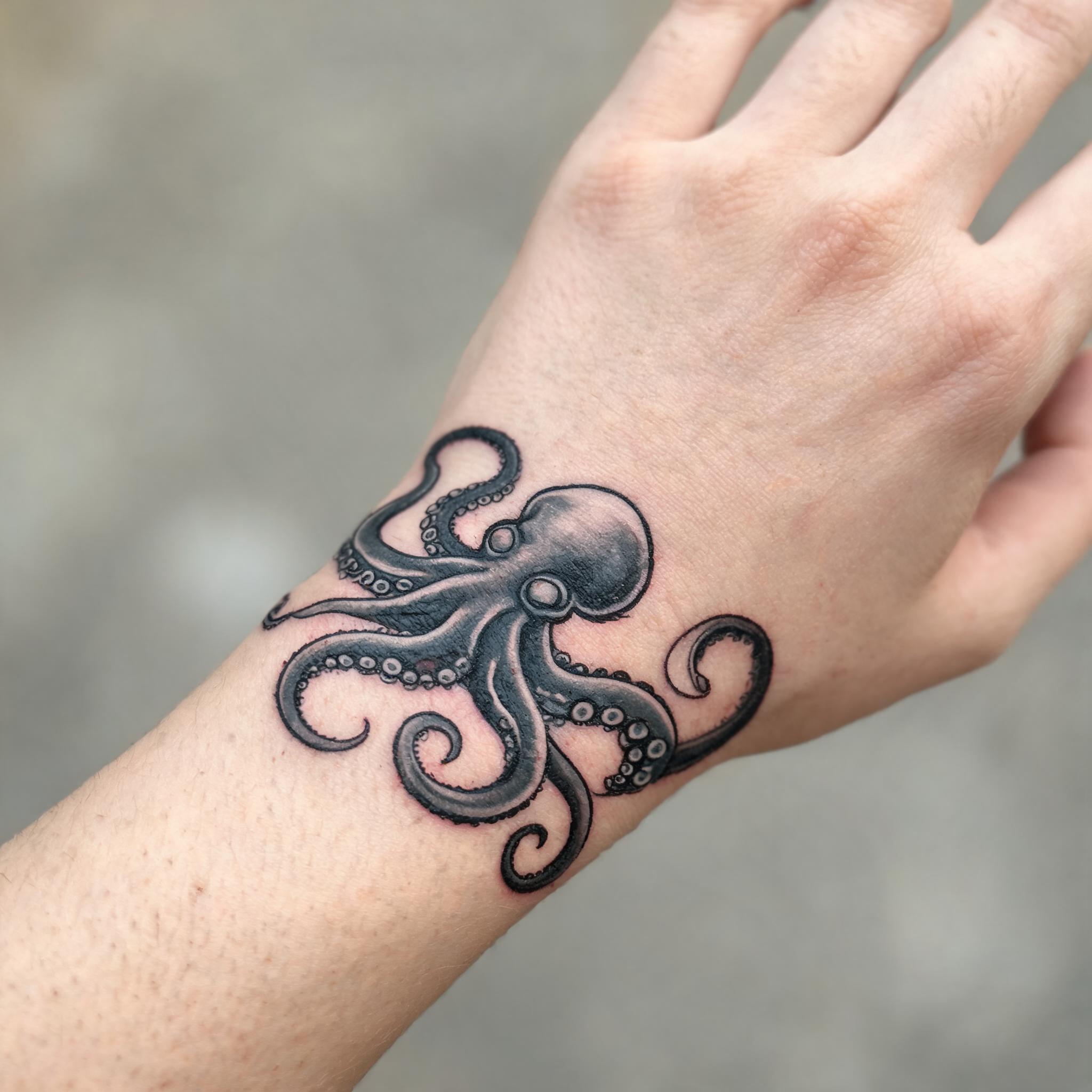 Neo-traditional ornamental octopus tattoo in black and grey ink on a wrist, photographed against a clean neutral background.