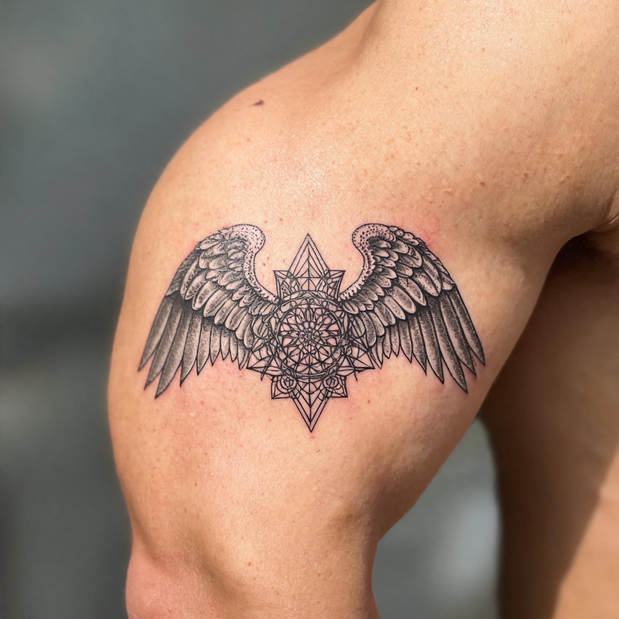 A black and grey angel wings tattoo image in geometric dotwork style, shown on the outer upper arm against a clean neutral background.