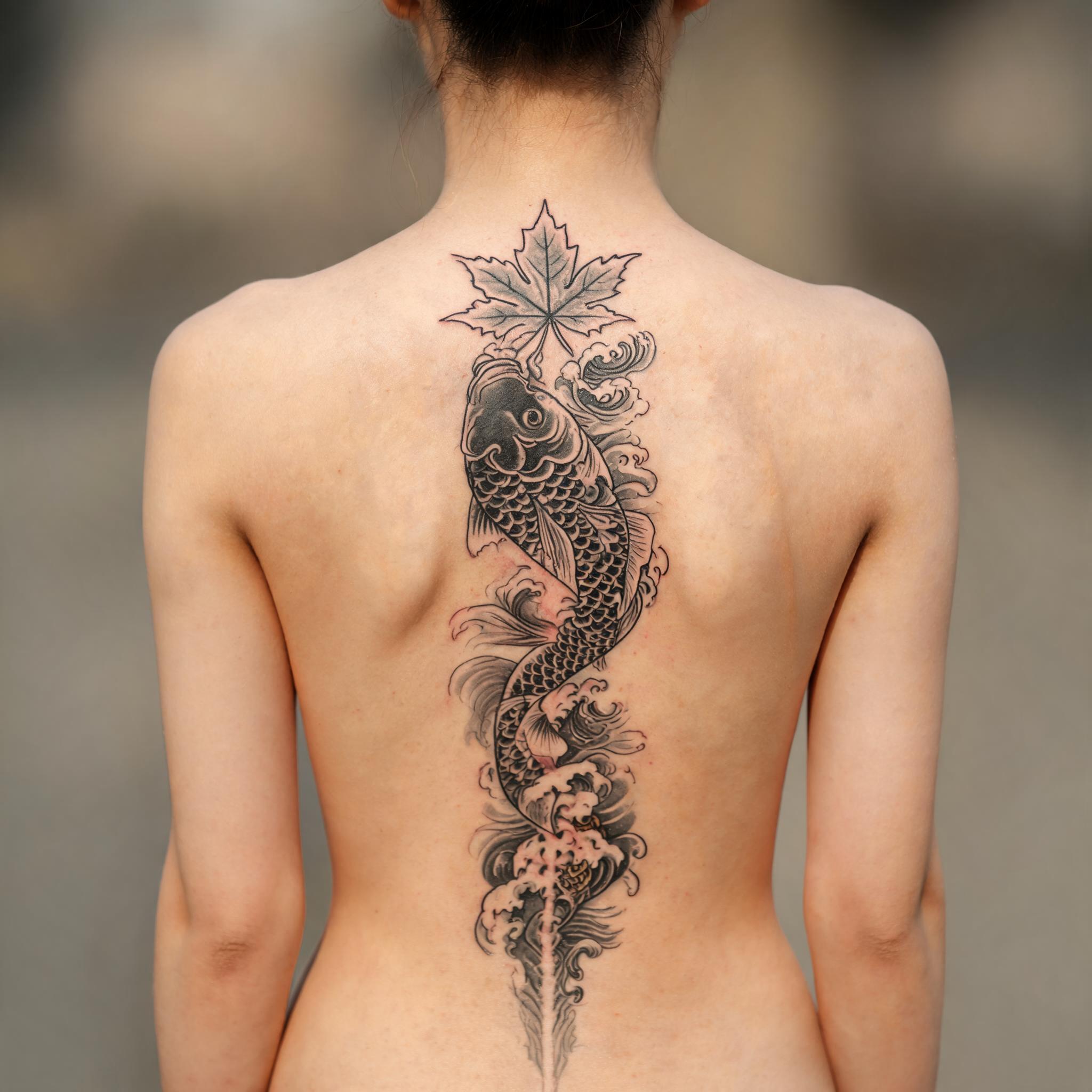 A Japanese Irezumi maple leaf tattoo design in black and grey, photographed on a person's spine against a plain background.