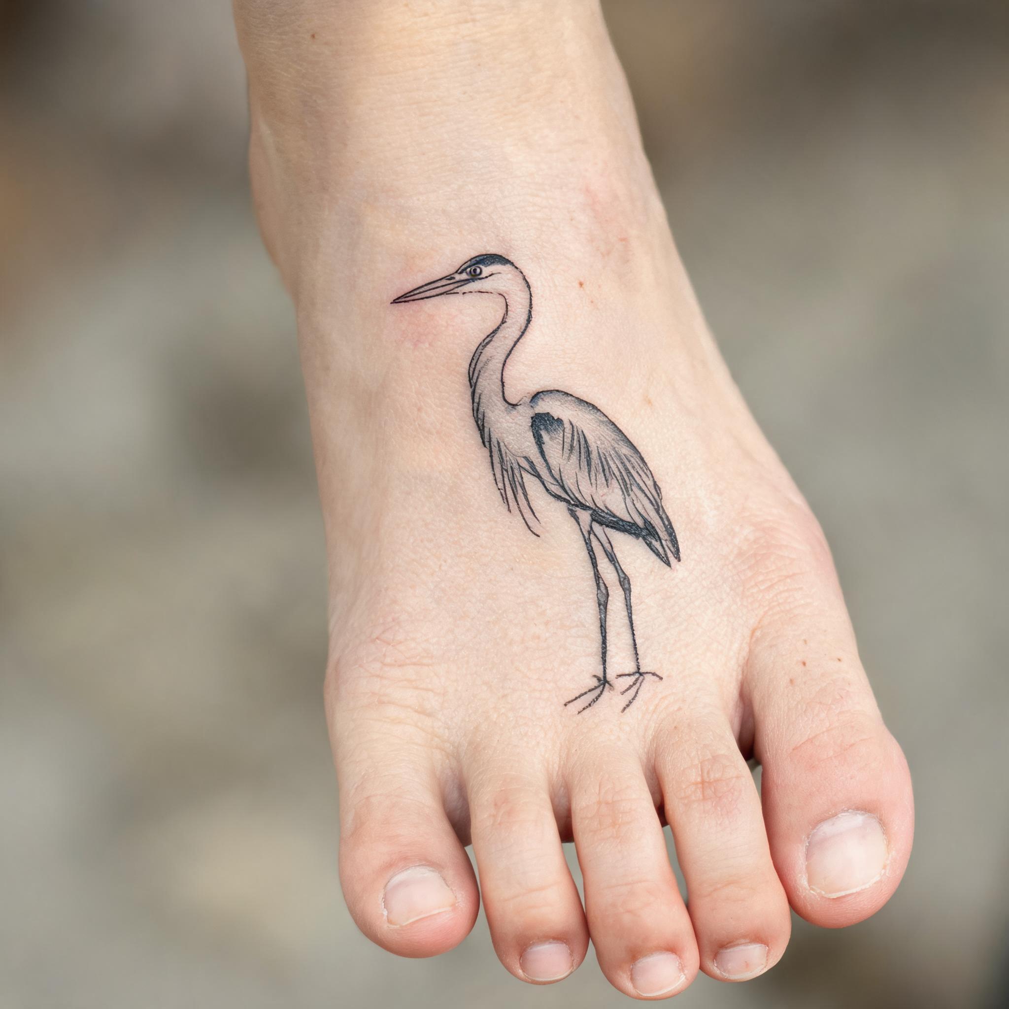 Minimalist blue heron waterline tattoo image on the top of a foot, shown in black and grey ink against a neutral background.