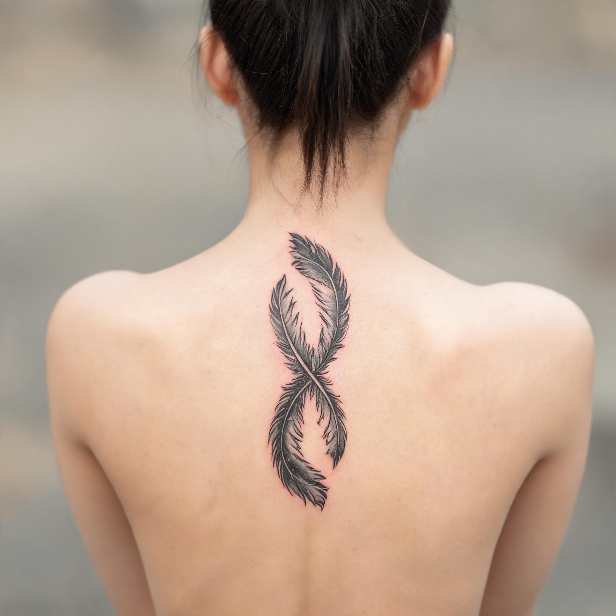 Neo-traditional infinity feather tattoo in black and grey ink on a spine, shown as a realistic tattoo photo on skin.