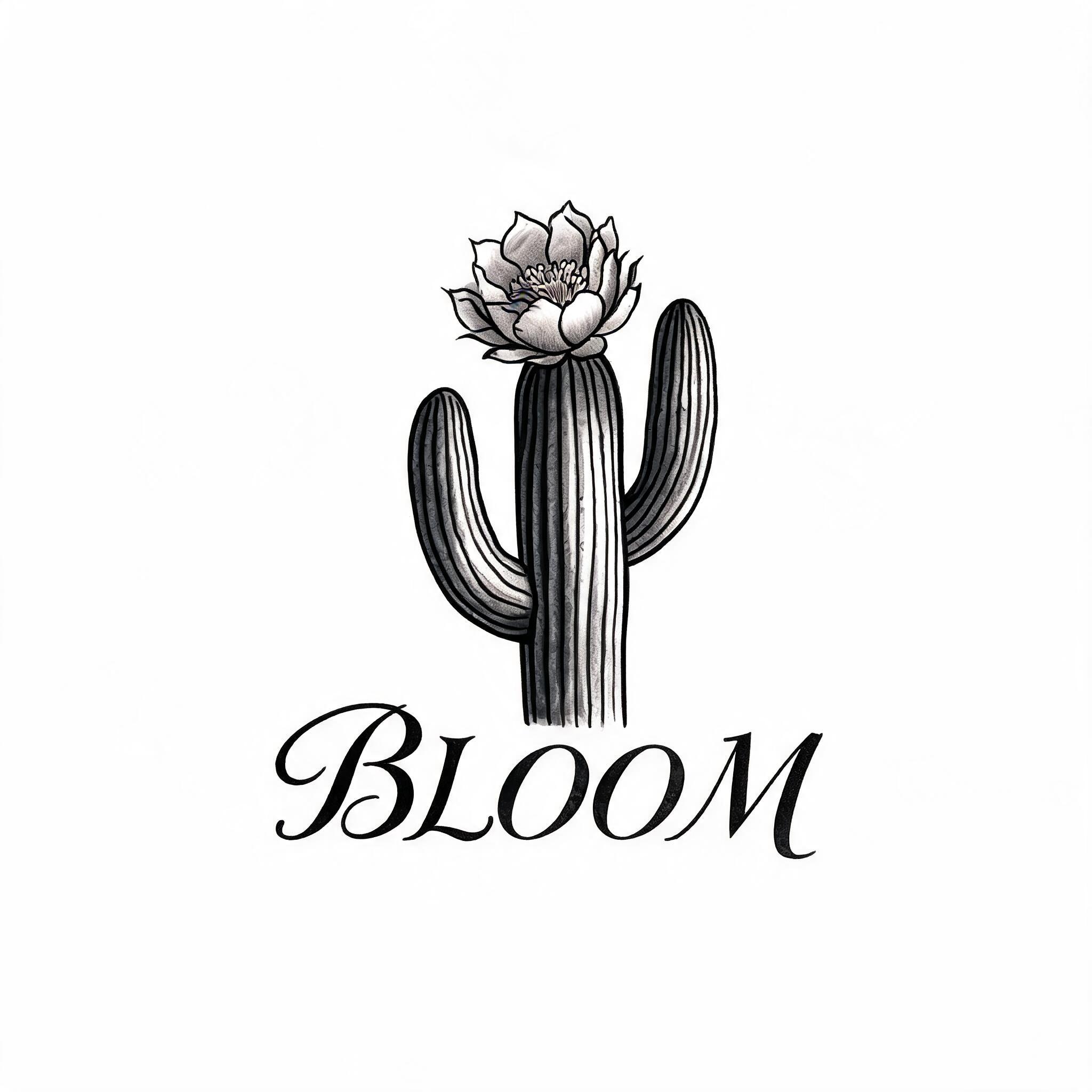 Cactus flower tattoo design in elegant calligraphy script typography with black and grey ink, shown on a plain white background.