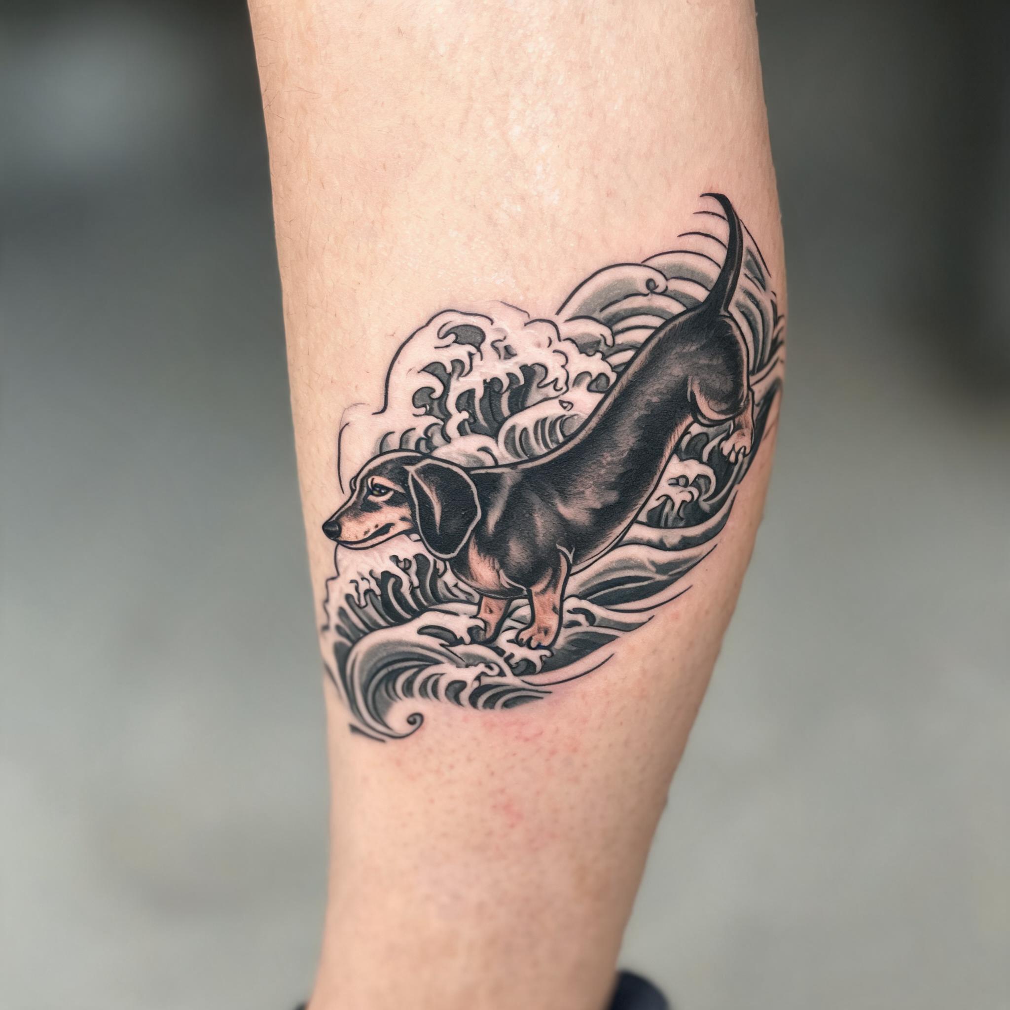 A Japanese Irezumi dachshund tattoo image on a calf, black and grey ink on white background, shown as a tattoo image.