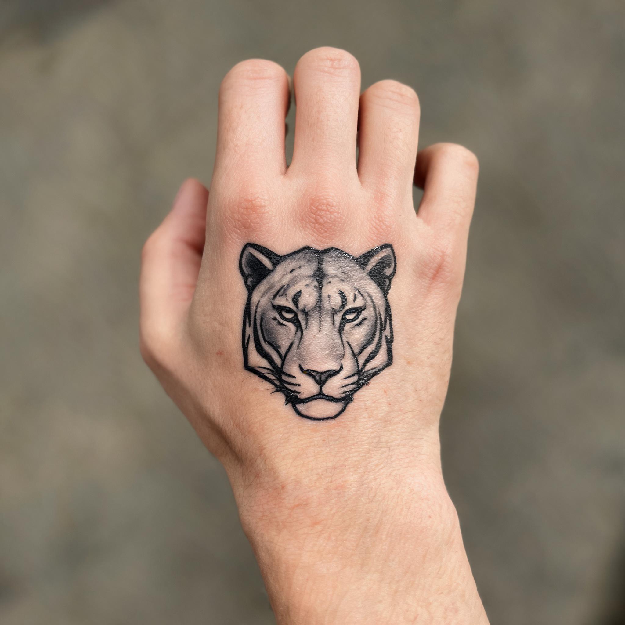 Minimalist black panther head tattoo design in black and grey ink on the back of a hand, shown on a clean white background as a tattoo image.