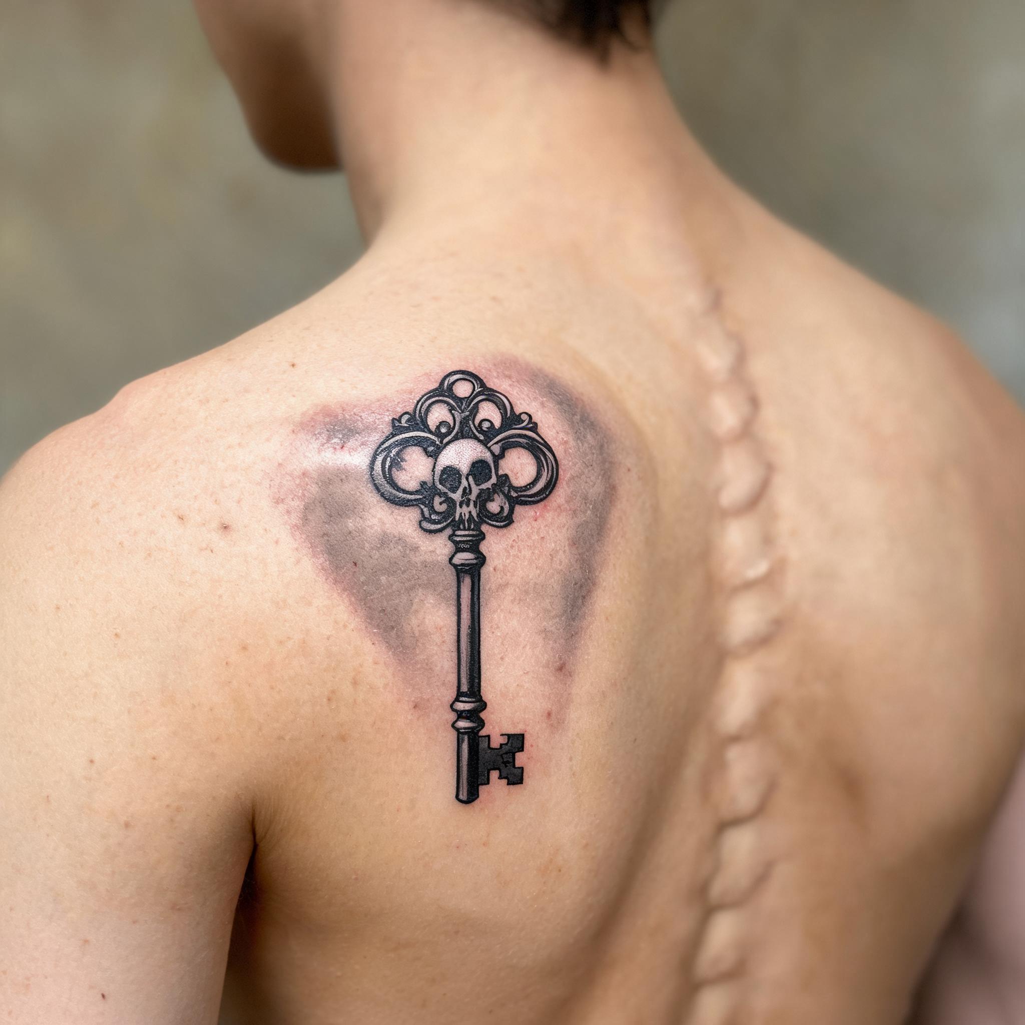 A blackwork ornamental key tattoo design on a shoulder blade, shown in a soft daylight photo on white background.