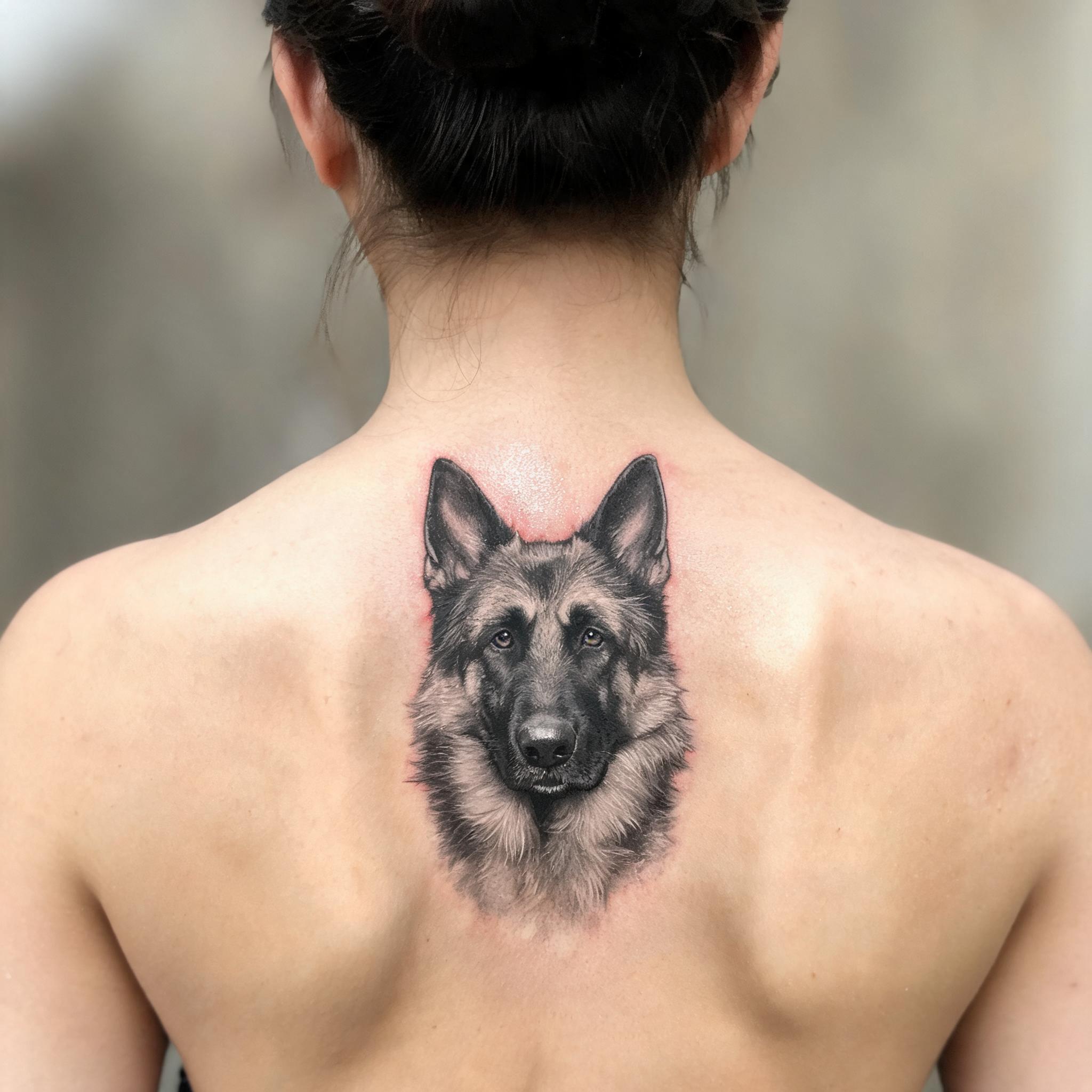 Black and grey German shepherd tattoo image design on an upper back, photorealistic tattoo artwork on white background.