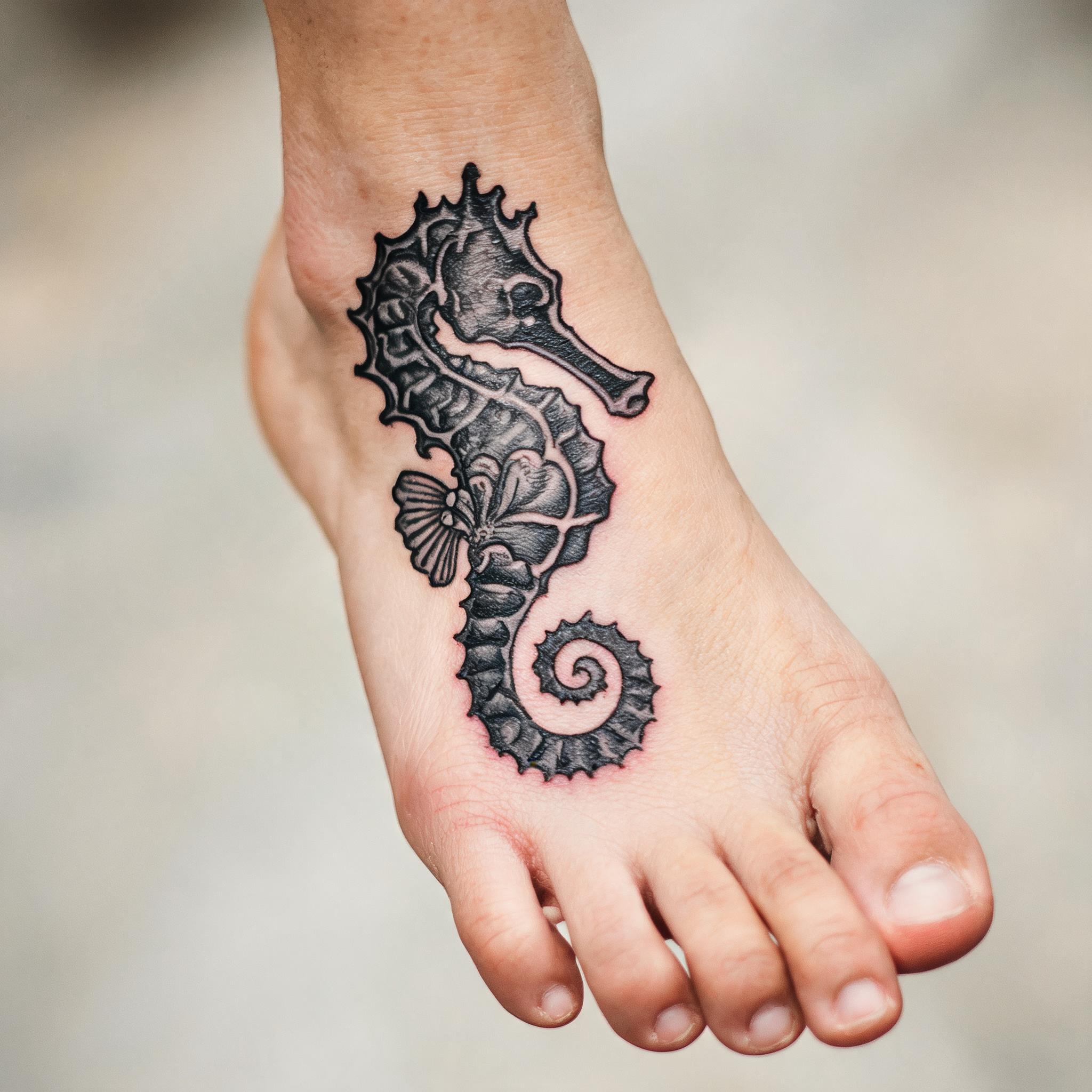 Blackwork seahorse shell tattoo design on the top of a foot, shown on white background as a tattoo image.