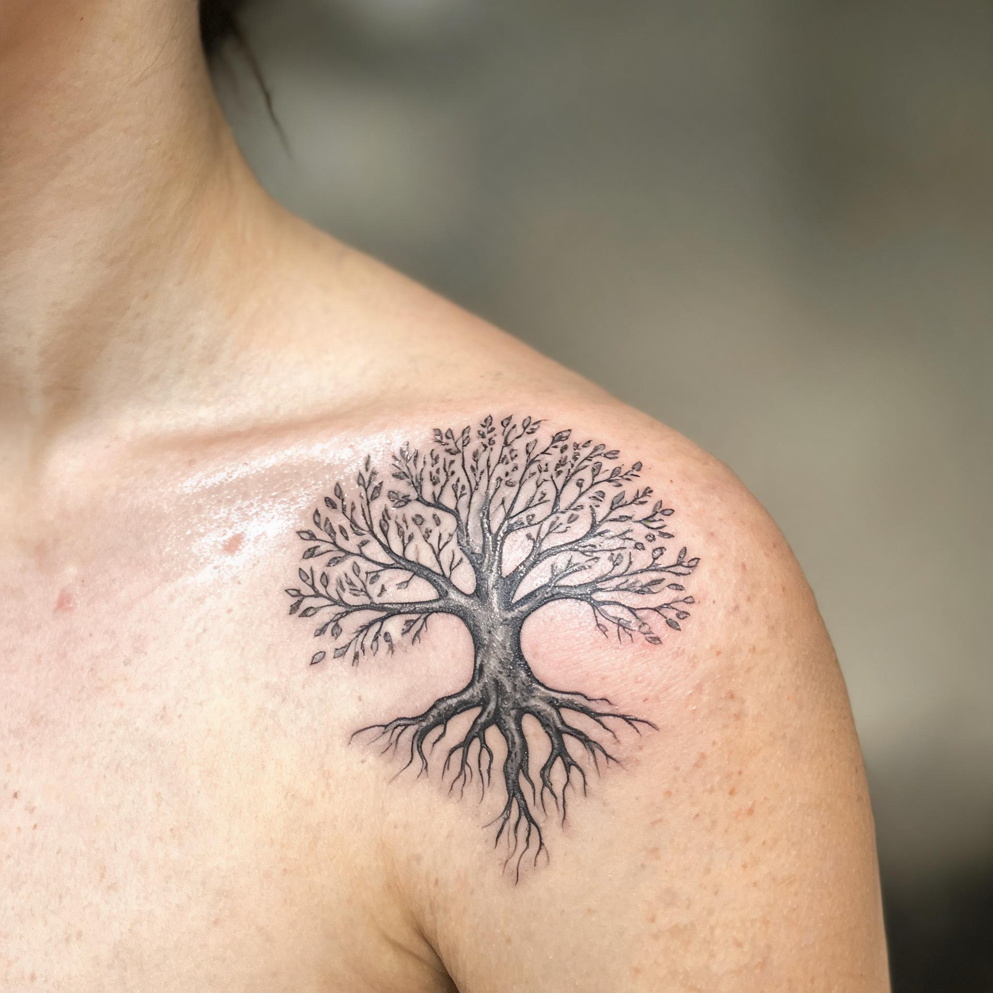 Black and grey tree of life tattoo image on a shoulder cap, shown in a close-up photo against a neutral background.