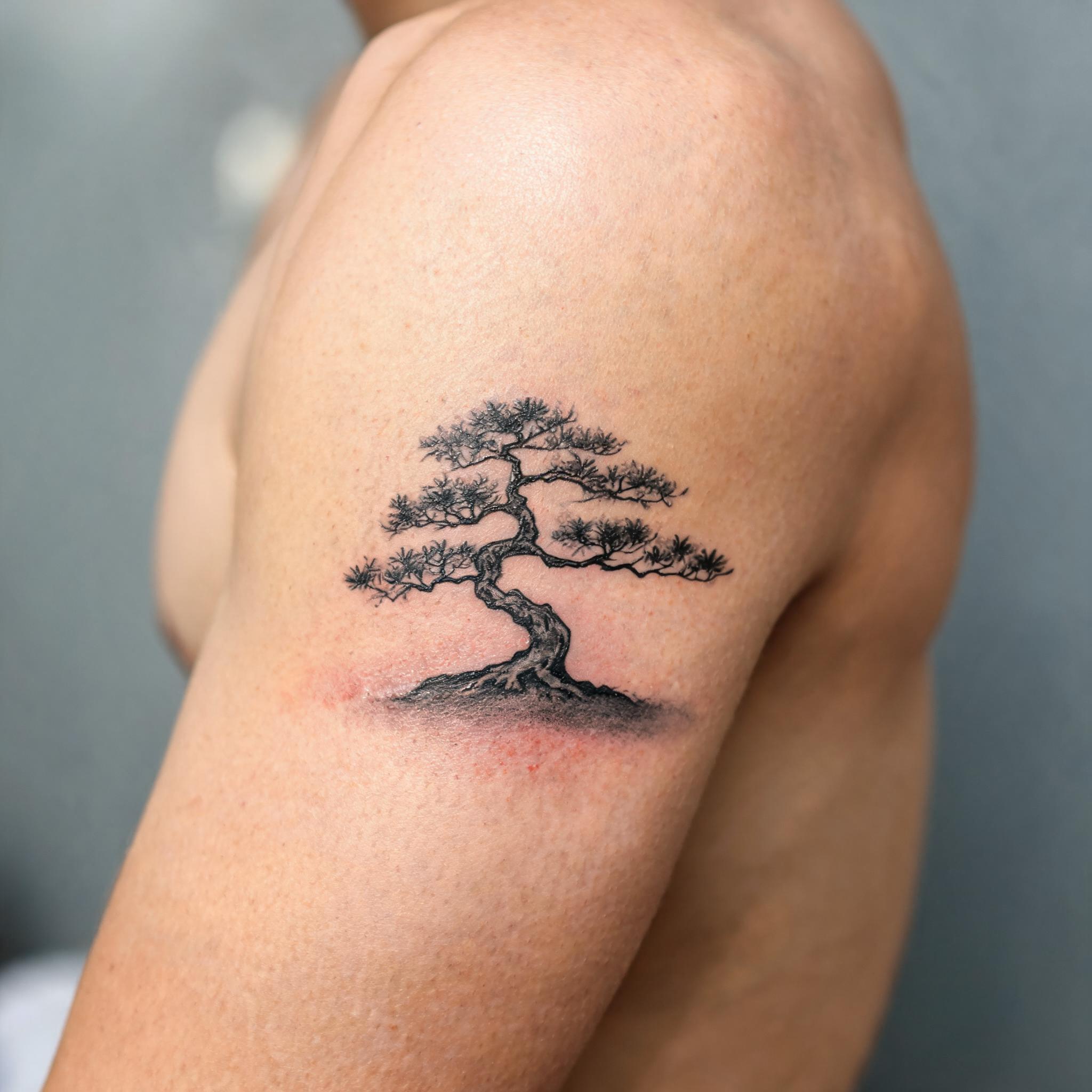 A black and grey bonsai tree tattoo image design inked on an inner bicep, shown in a realistic tattoo photograph on white.