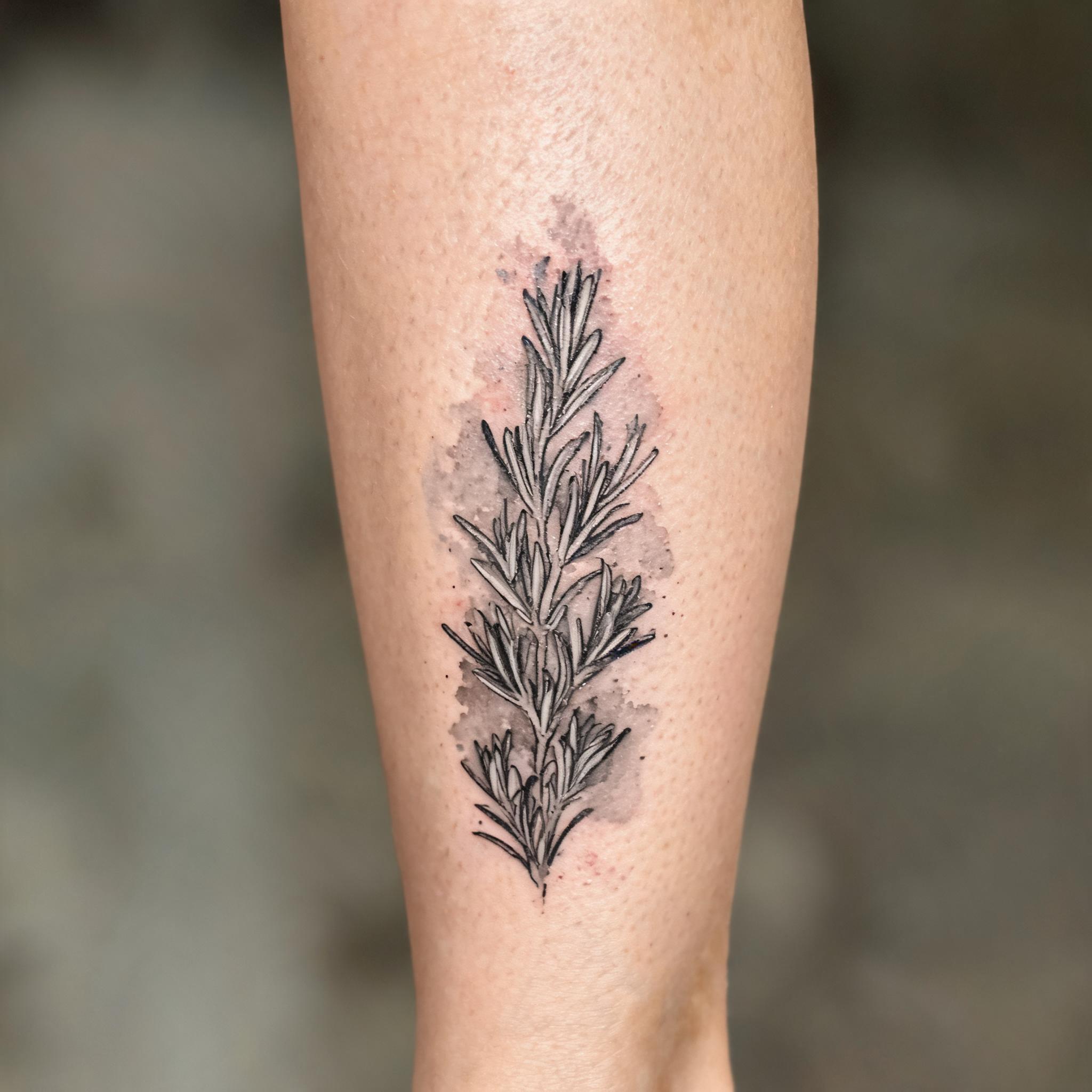 A black and grey watercolor rosemary sprig tattoo image on the front of a shin, shown on realistic skin against a clean neutral background.