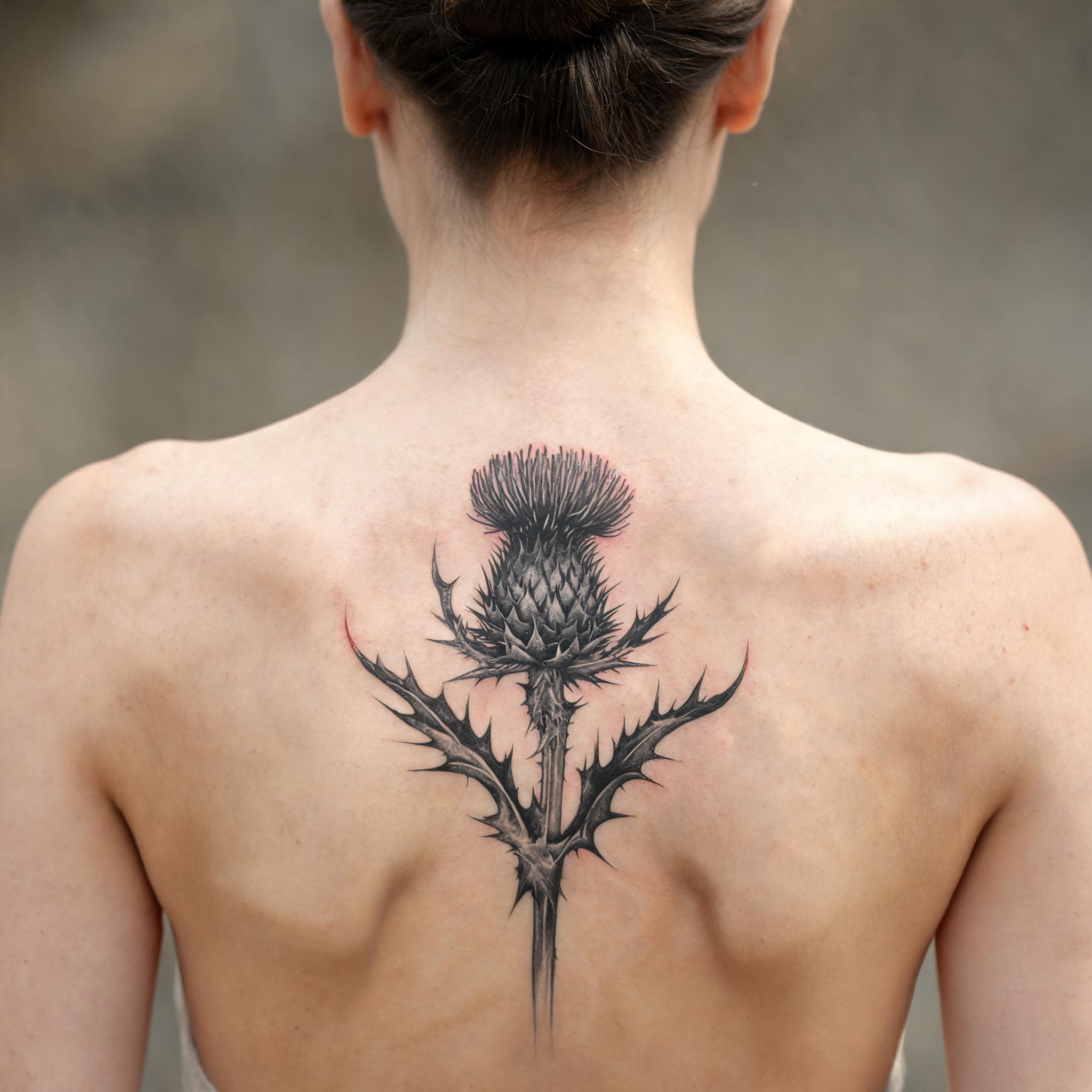 Black and grey realistic tattoo of a Scottish thistle on an upper back, shown as a freshly inked tattoo image against skin.