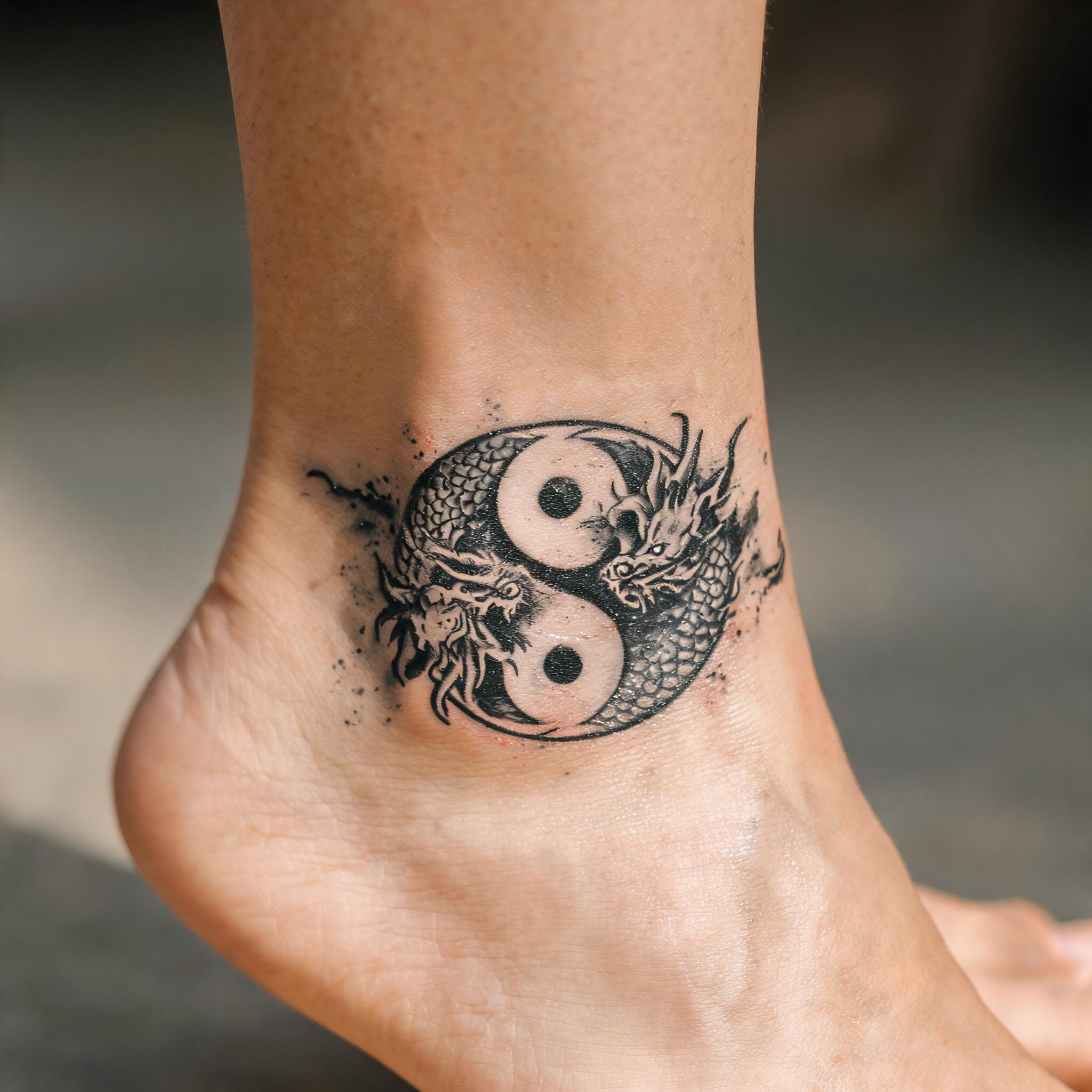 A black and grey dragon yin yang tattoo design on an ankle, shown in trash polka style on a neutral background as a tattoo image.