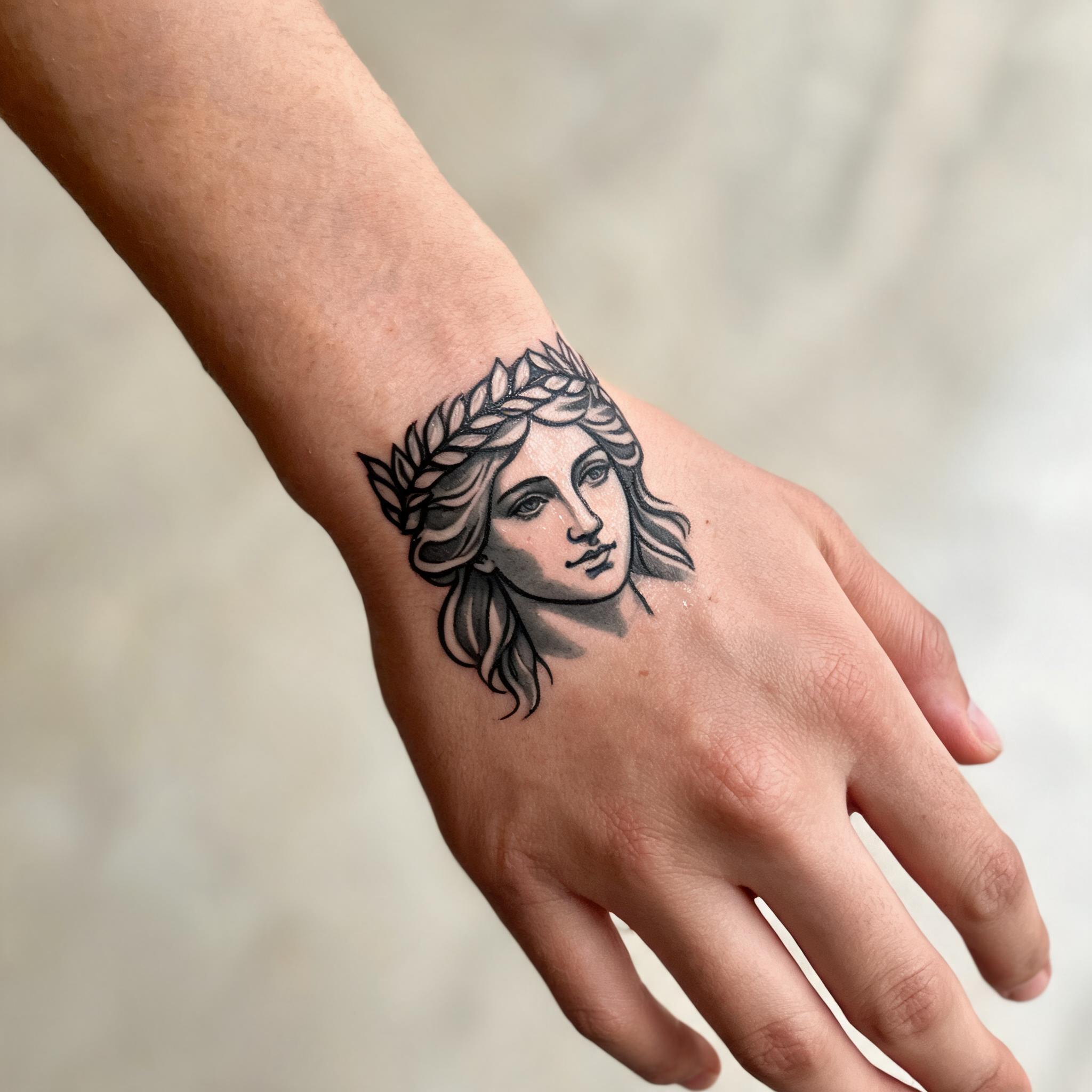 Black and grey American Traditional Greek goddess tattoo on a wrist, shown on skin against a clean neutral background as a tattoo image.