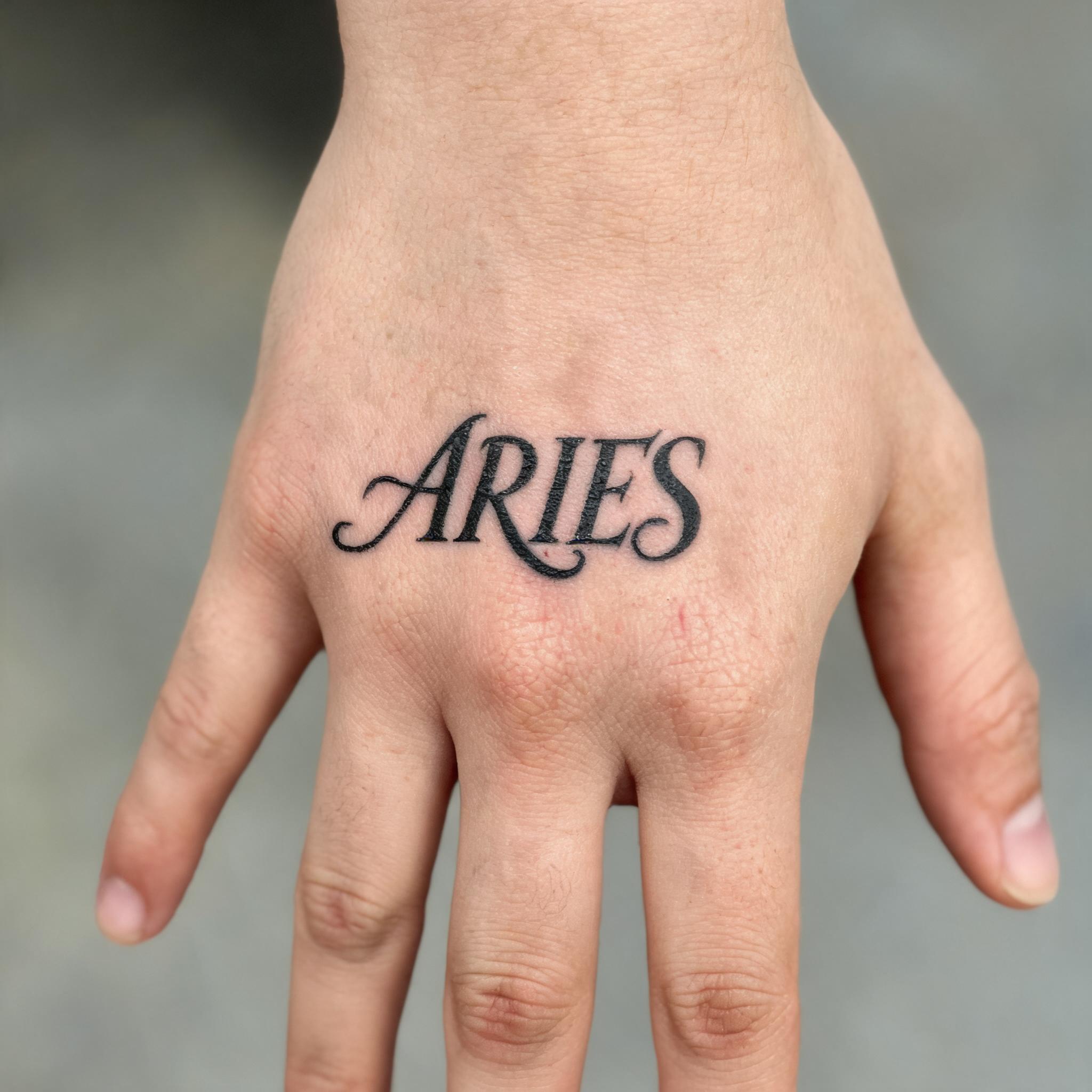 Aries ram zodiac tattoo design in elegant calligraphy script on the back of a hand, black and grey ink on white background.