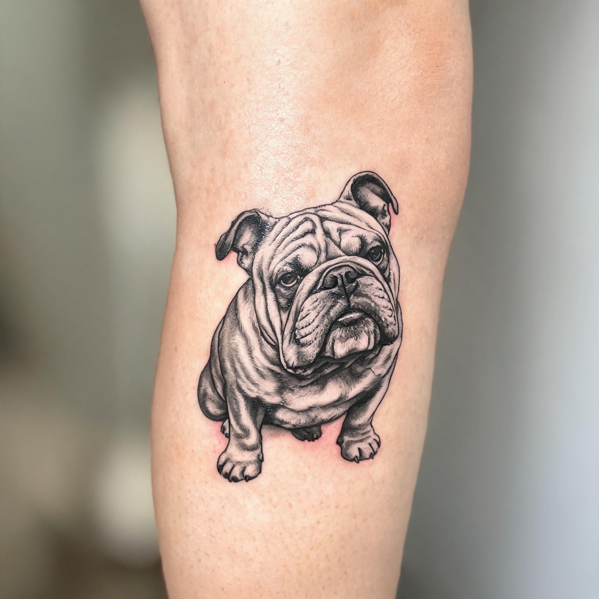 Bulldog tattoo image design in color realism, shown on a front thigh against a plain neutral background as a tattoo image.