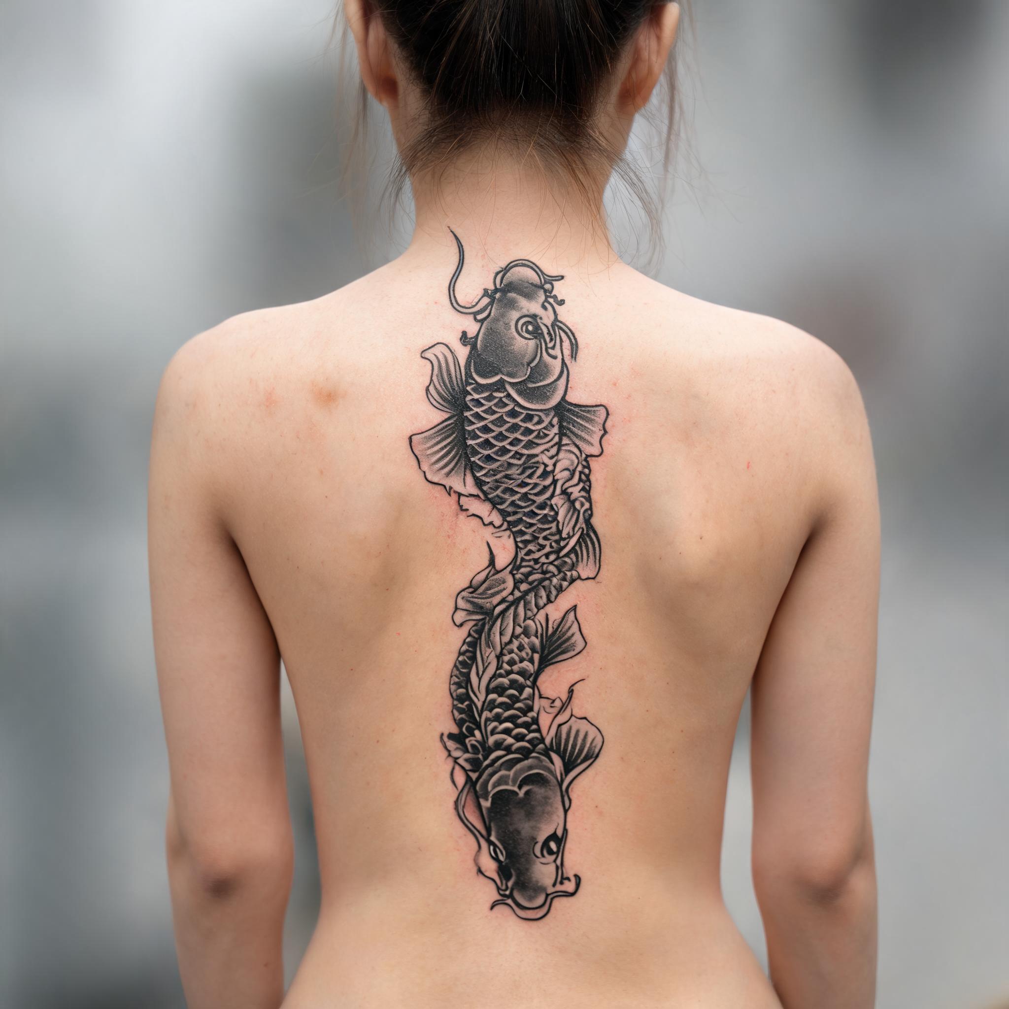 American traditional koi dragon tattoo image design in black and grey ink along the spine on a person's back.