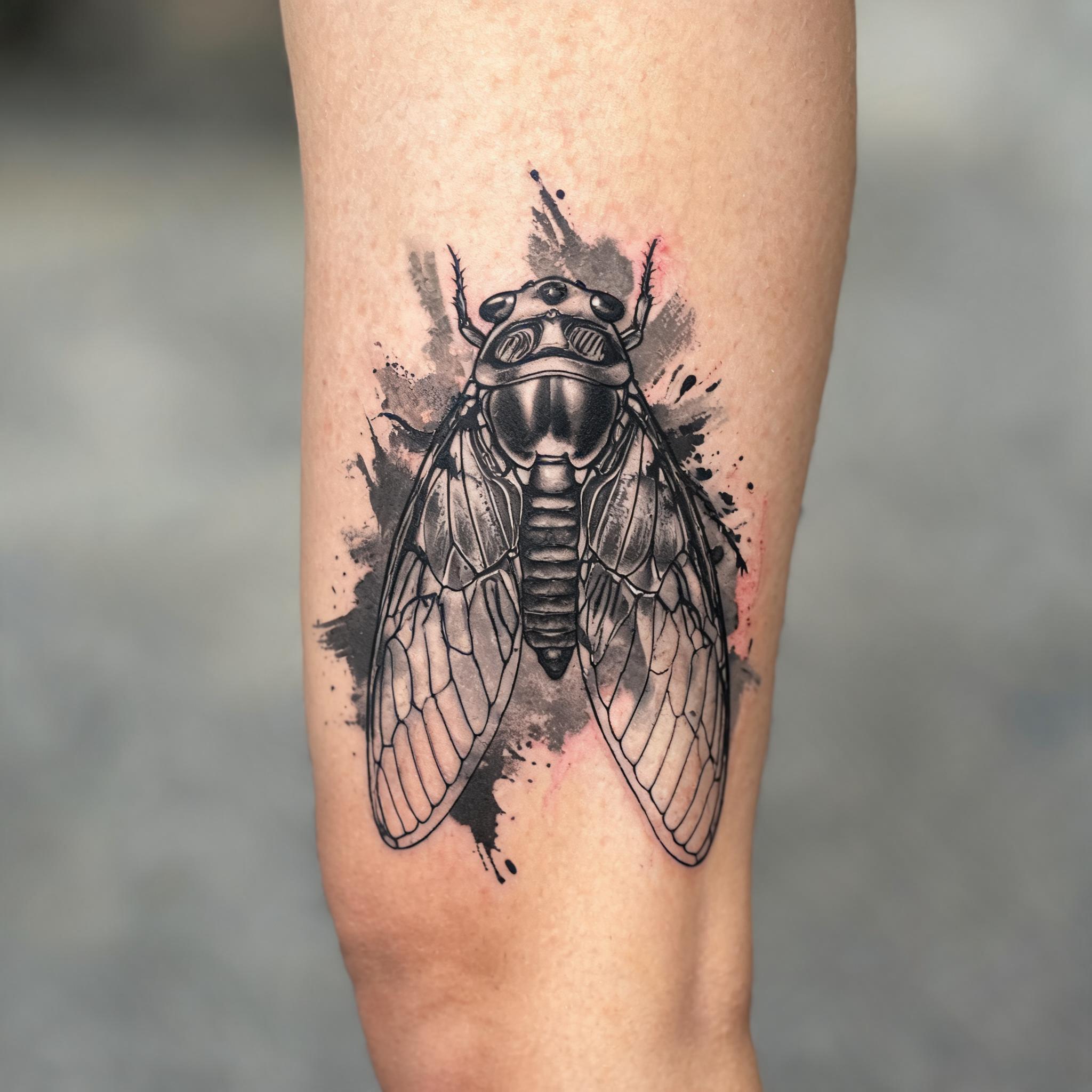 Trash polka cicada tattoo image design on a front thigh, black and red collage style with bold brush strokes shown on skin.