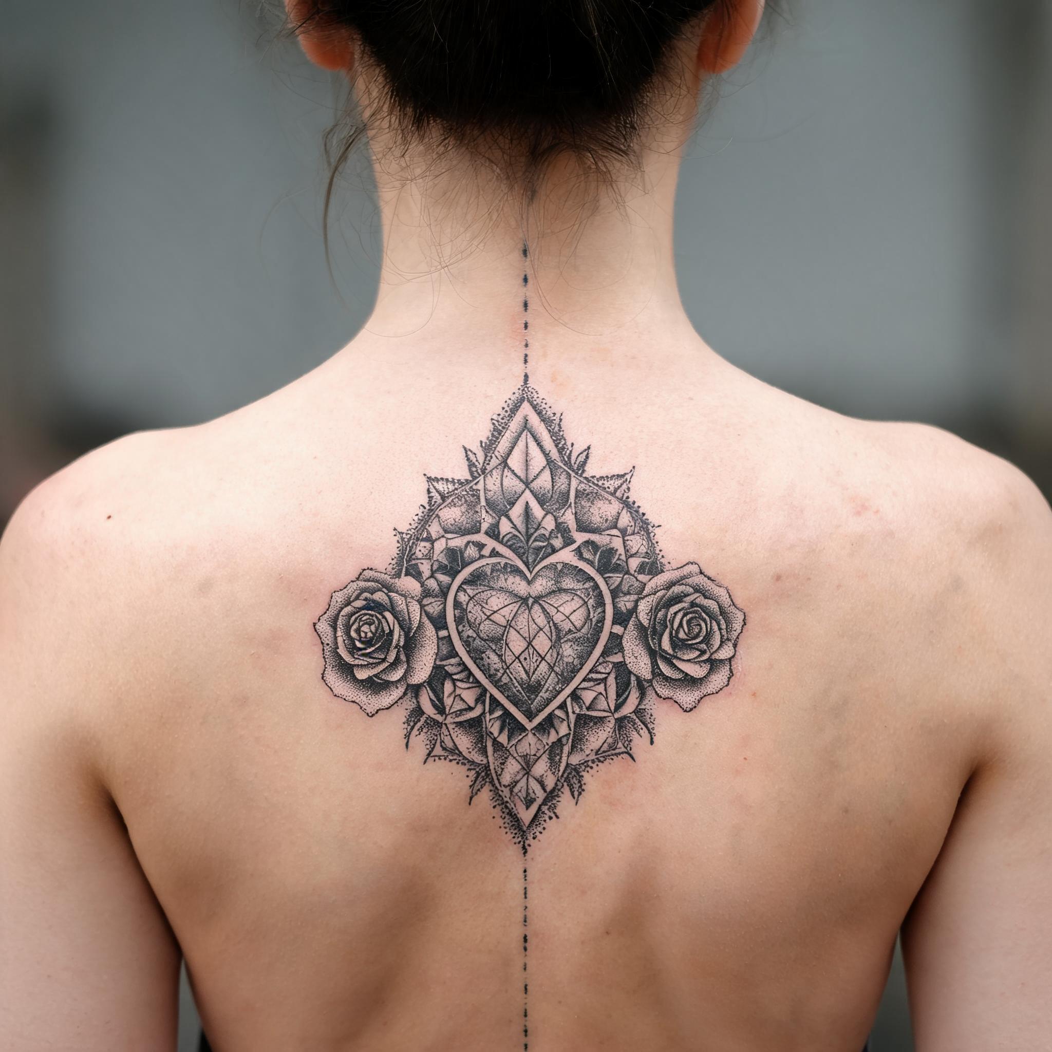 A black and grey sacred heart and roses tattoo design in geometric dotwork style, shown on a spine-centred back against a neutral background.