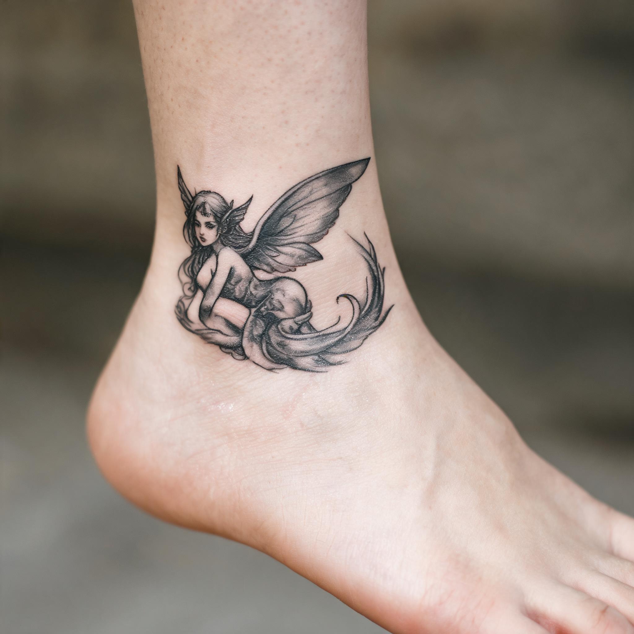 A black and grey realistic tattoo image of a dark fairy design on an ankle, shown on skin with soft daylight and a clean neutral background.