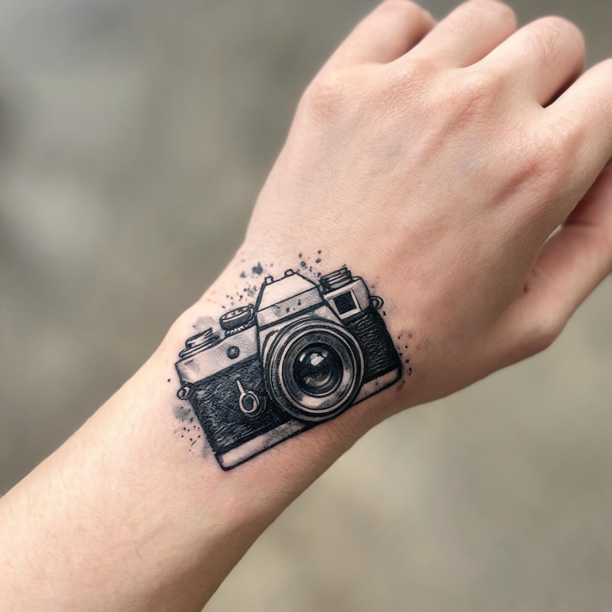 A black and grey trash polka vintage camera tattoo design on a wrist, shown on a white background as a tattoo image.