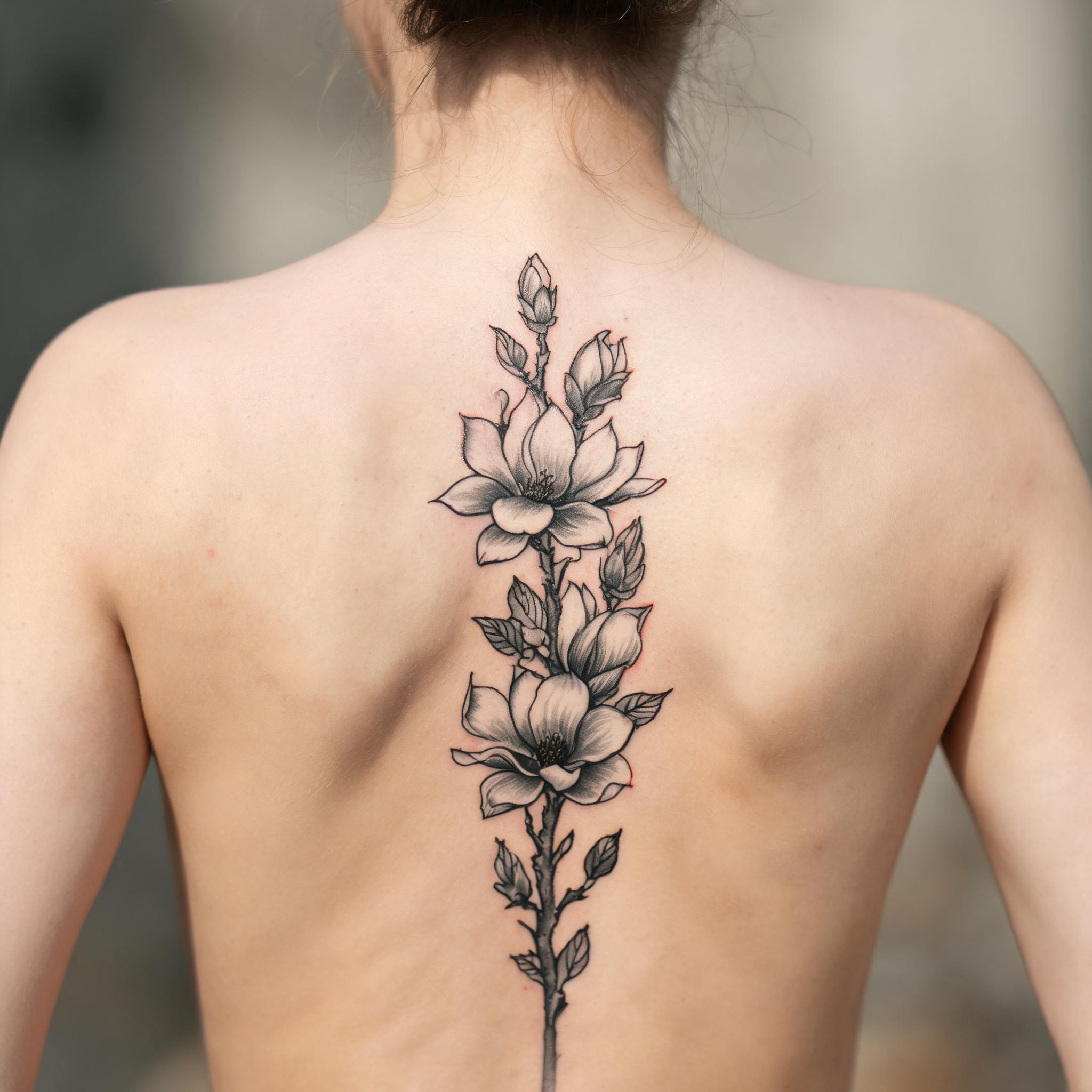 Black and grey neo-traditional magnolia branch tattoo image shown along the spine, photographed on skin against a clean neutral background.