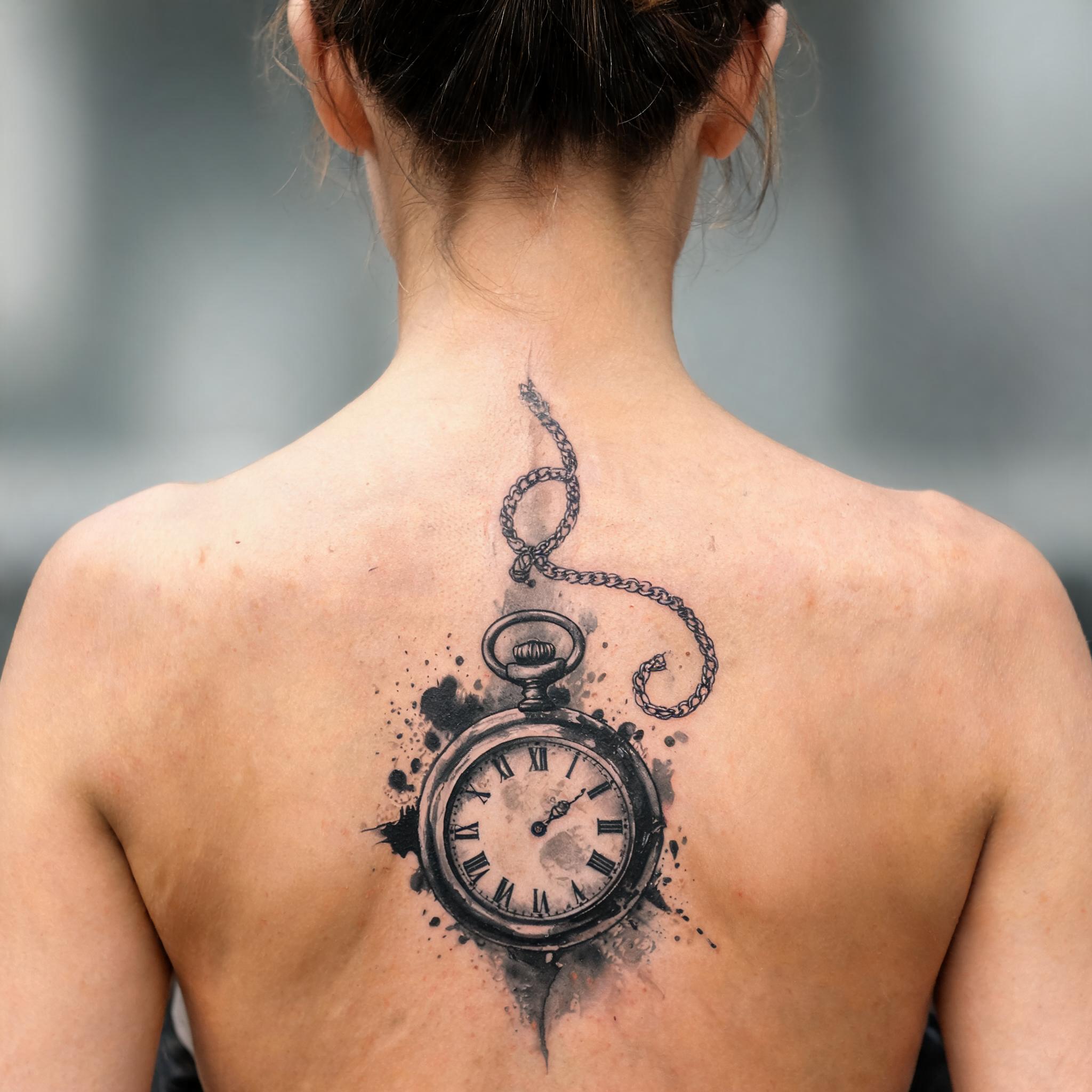 A black and grey trash polka pocket watch tattoo image shown on a spine, photographed on skin against a neutral background.