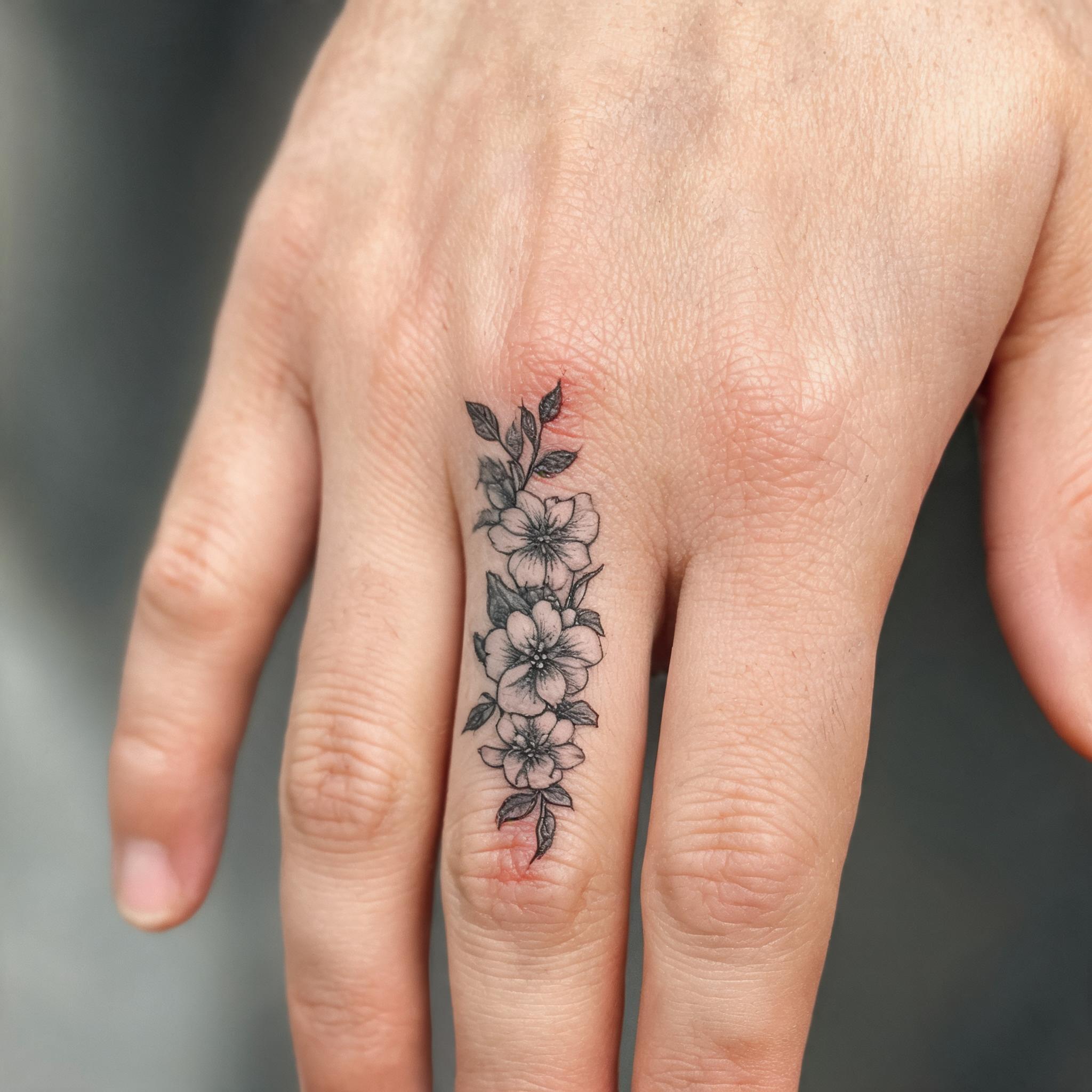 A tattoo image of a birth month flower bouquet rendered in color realism on a hand with extended fingers against a plain background.