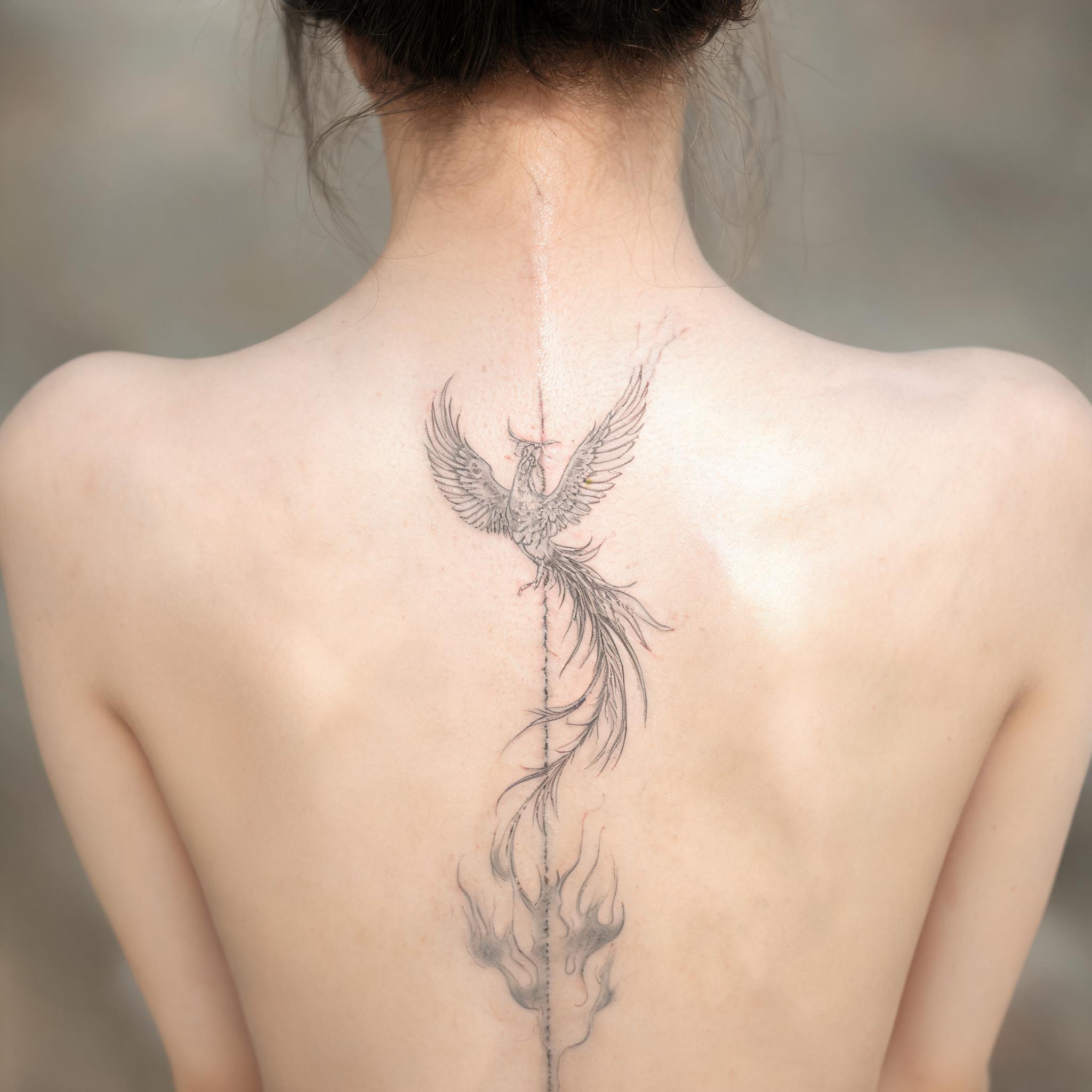 Fine line phoenix rising ashes tattoo on the spine, black and grey ink on skin, shown as a tattoo image on a plain background.