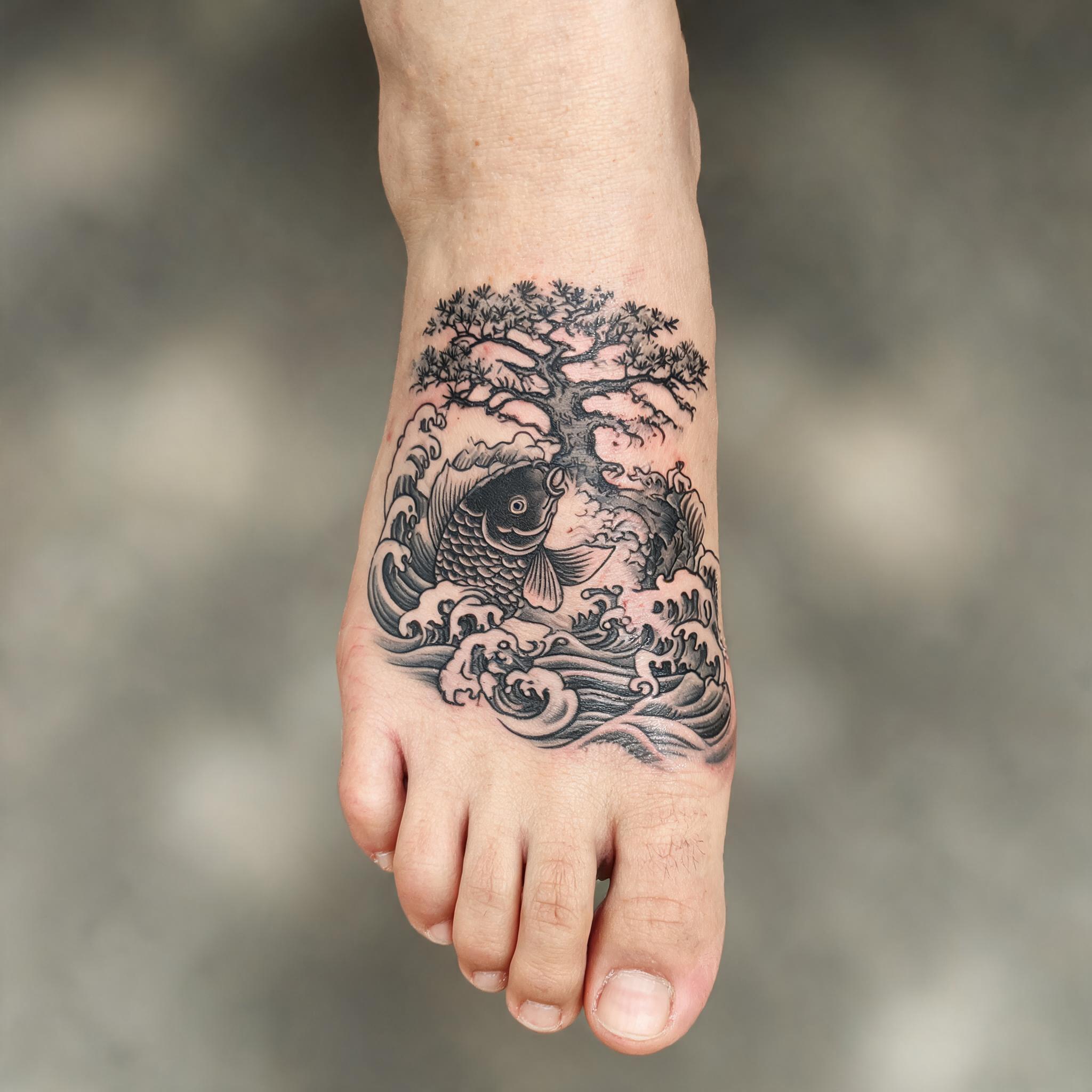 A black and grey Japanese irezumi oak tree tattoo design on the top of a person's foot, photographed close-up on a plain neutral background.